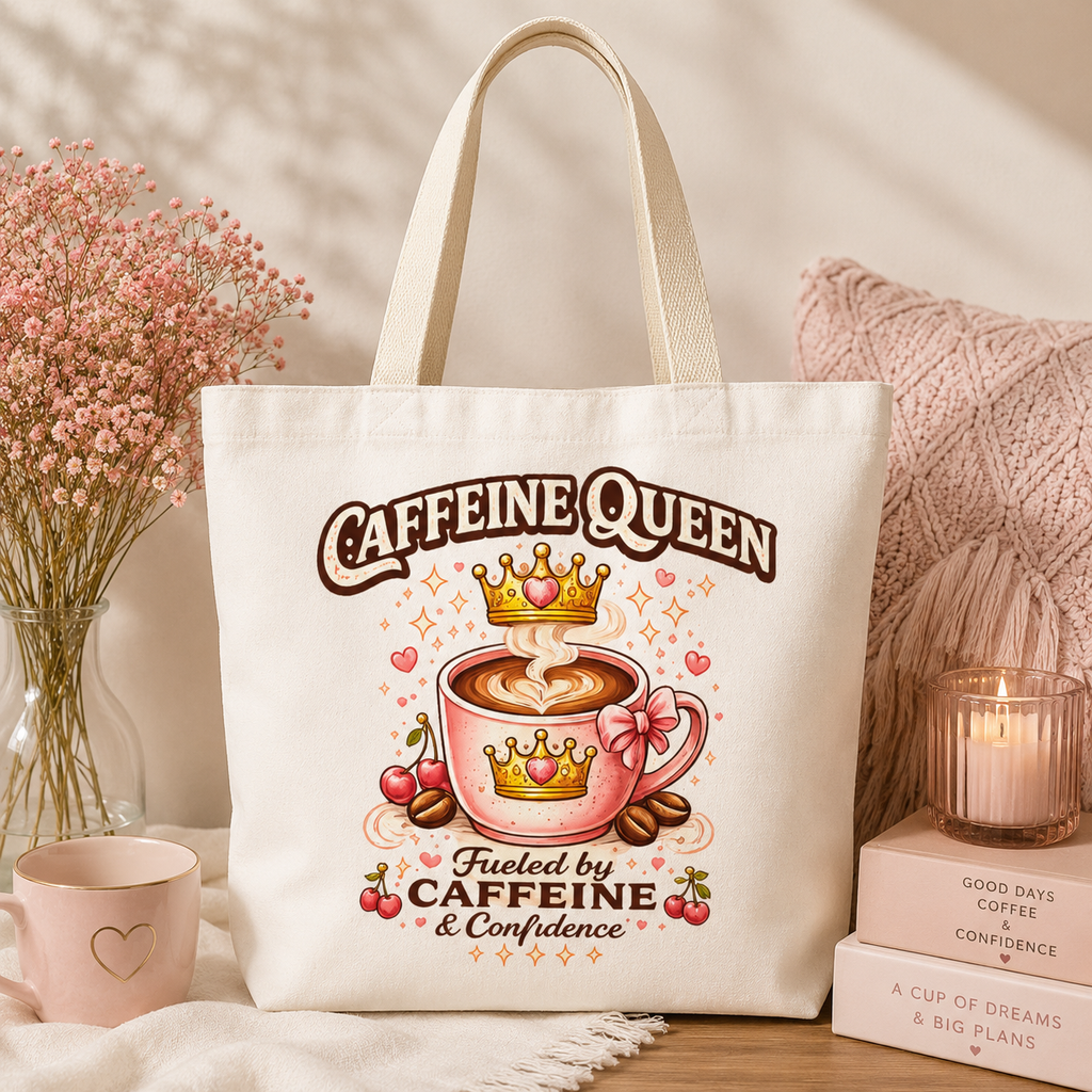 Caffeine Queen Tote Bag — 'Fueled by Caffeine & Confidence' Coffee Lover Tote
