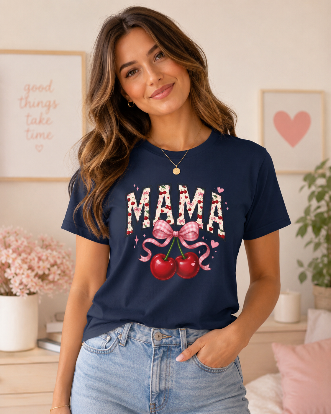 Mama Floral Cherry T‑Shirt — Cute Mama Typography with Bow