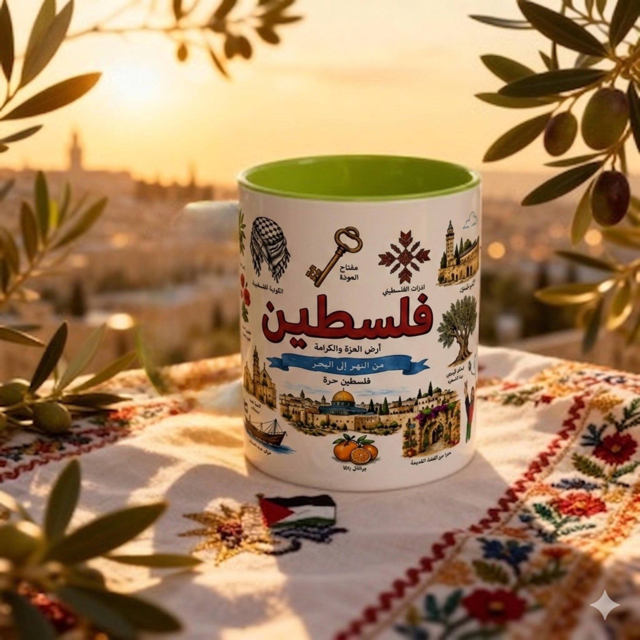 Palestine Landmark Accent Coffee Mug — Arabic Calligraphy & Cultural Icons (11oz)