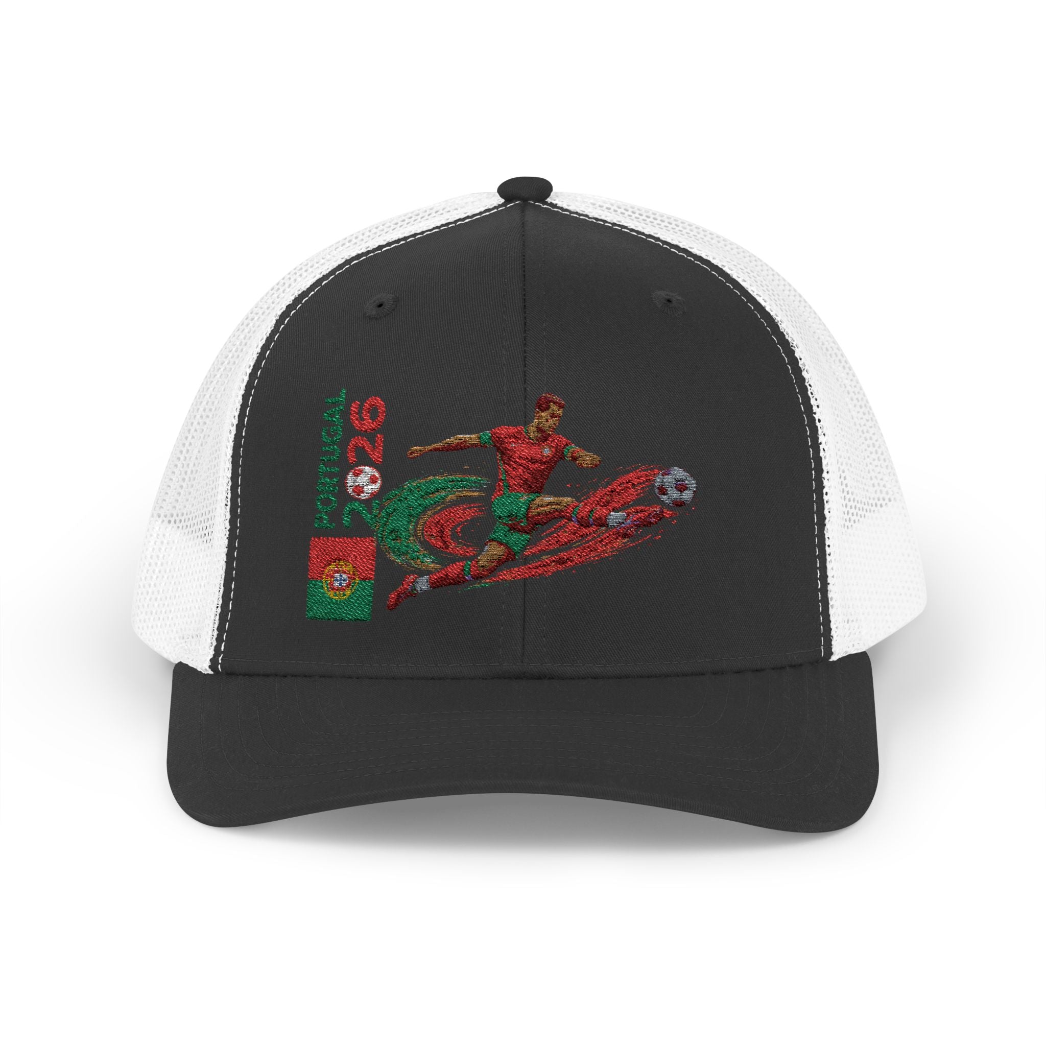 Portugal 2026 Soccer Snapback Trucker Cap — Embroidered Football Player Design