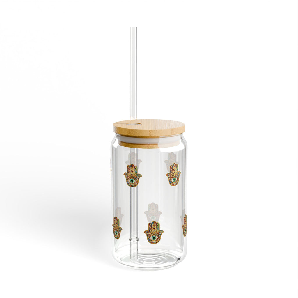 Hamsa Glass Sipper Cup - 16oz Bamboo Lid & Straw, Protective Hand Pattern Drinkware
