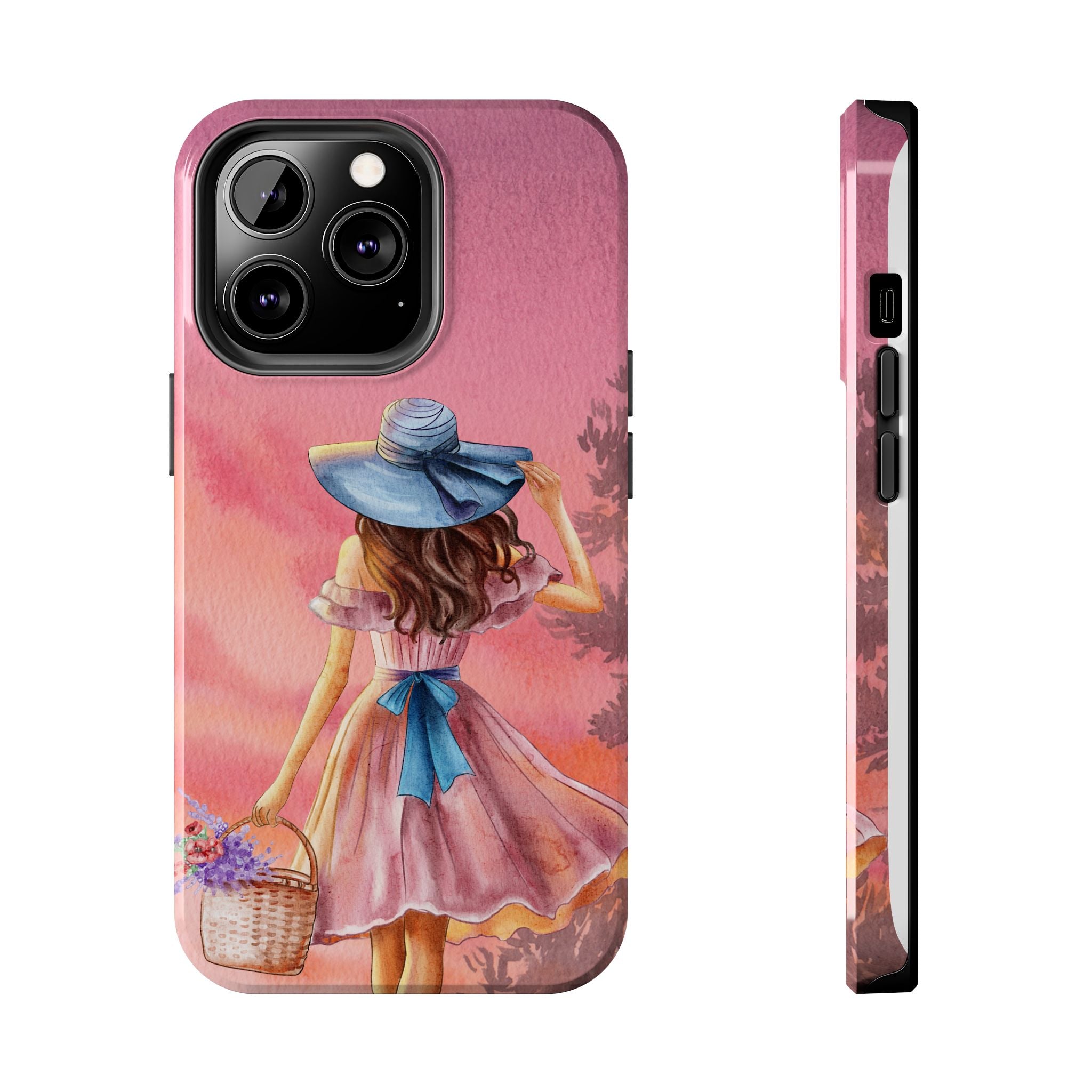 Pastel Picnic Girl Phone Case — Protective Tough Phone Case with Watercolor Sunset Design