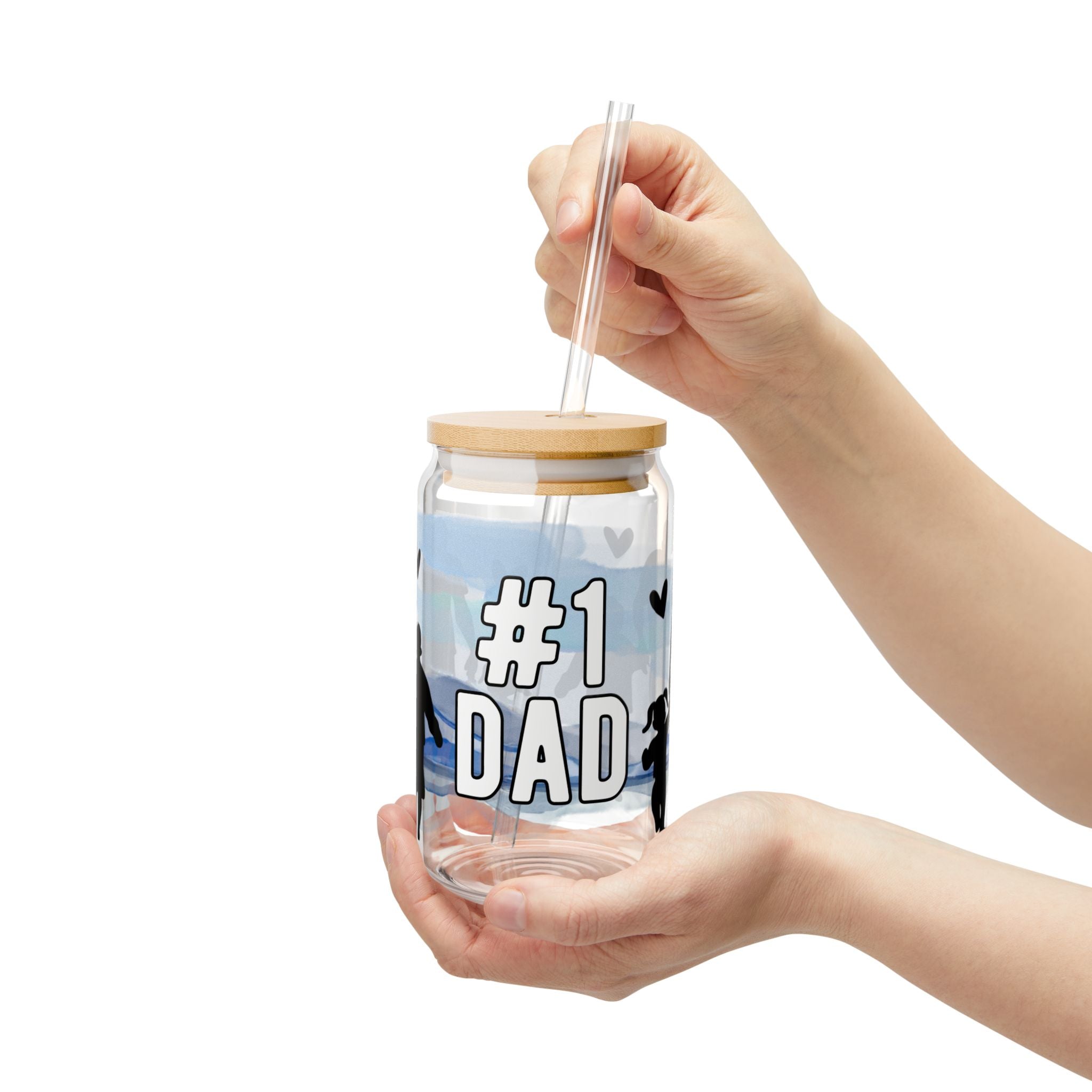 #1 Dad Sipper Glass – 16oz Father’s Day Drinking Jar with Family Silhouette