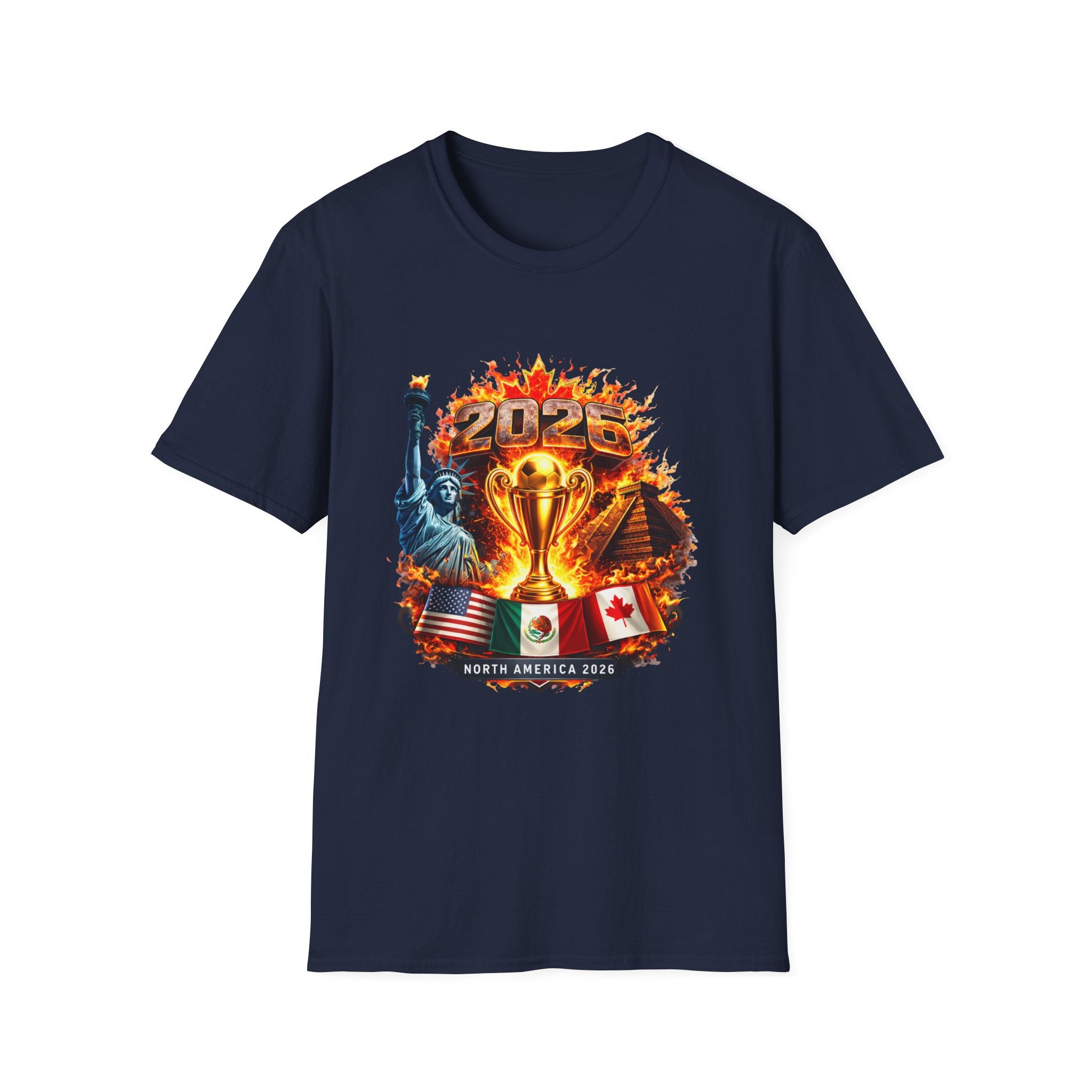 2026 North America Soccer Cup T-Shirt — Trophy, Statue of Liberty & Flags Graphic