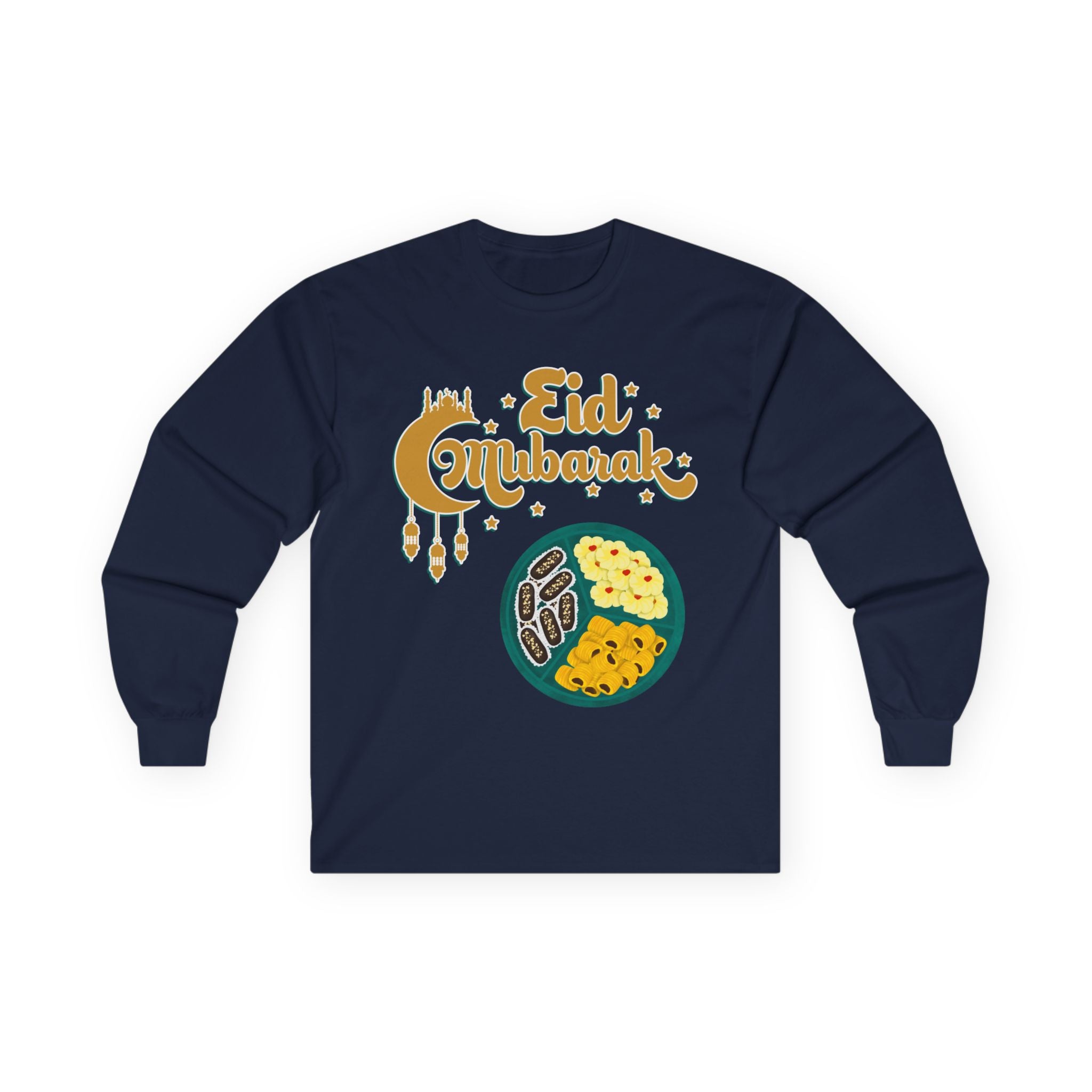 Eid Mubarak Long Sleeve Tee — Festive Ramadan Celebration Shirt with Dates & Sweets Design
