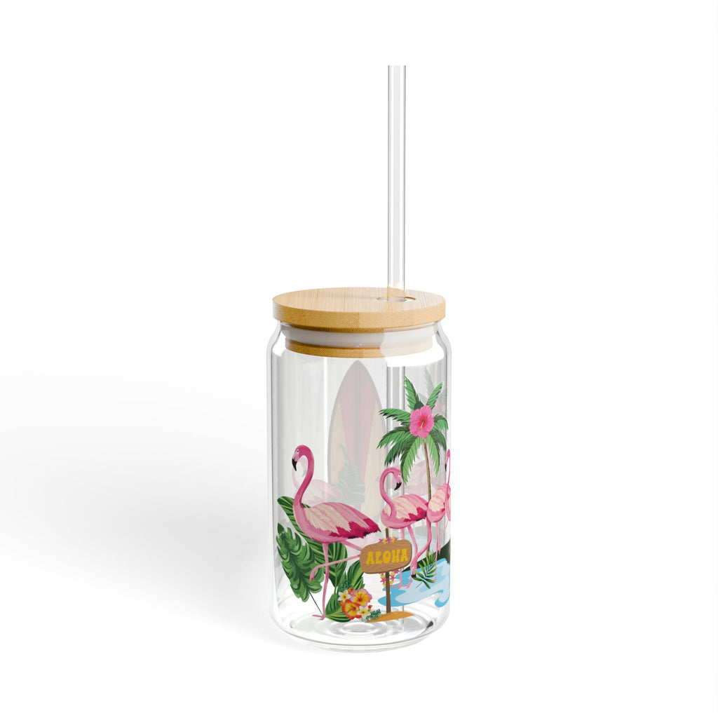 Flamingo Beach Sipper Glass — 16oz Tropical Drink Jar with Straw