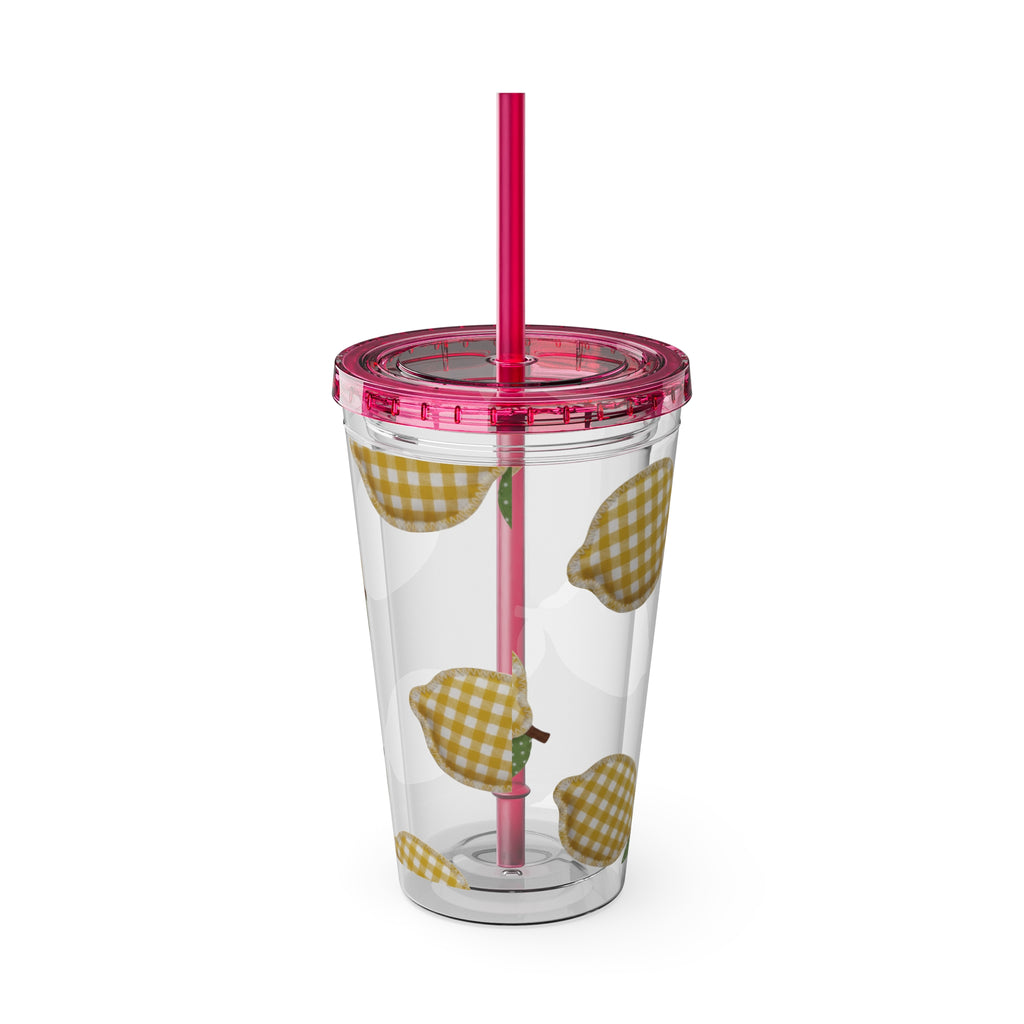 Gingham Pear Sunsplash Tumbler, 16oz Clear Travel Cup with Straw