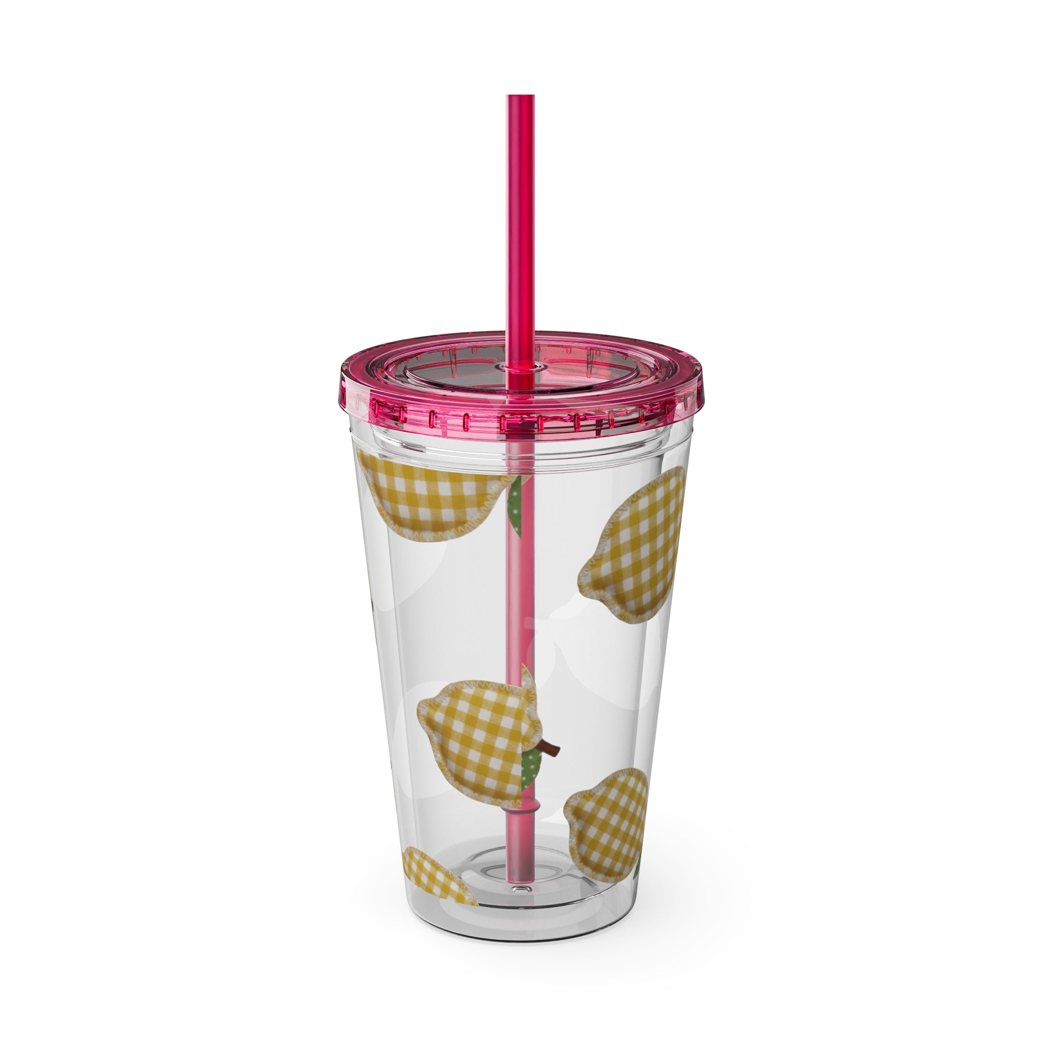 Gingham Pear Sunsplash Tumbler, 16oz Clear Travel Cup with Straw
