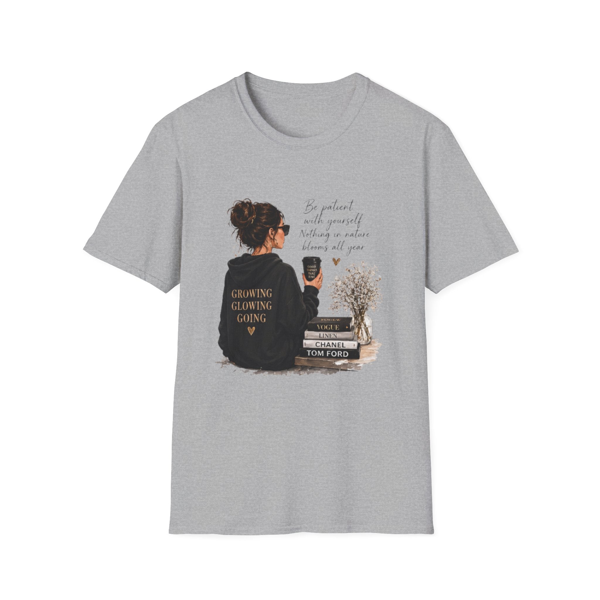 Cozy Reading Girl T-Shirt — "Growing, Glowing, Going" Literary Graphic Tee