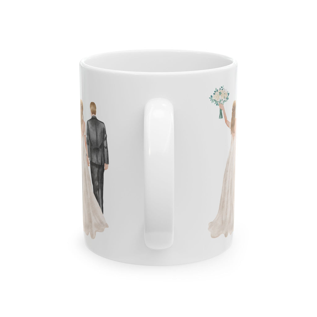 Wedding Rings & Couple Ceramic Mug — Bride and Groom Illustration (11oz/15oz)
