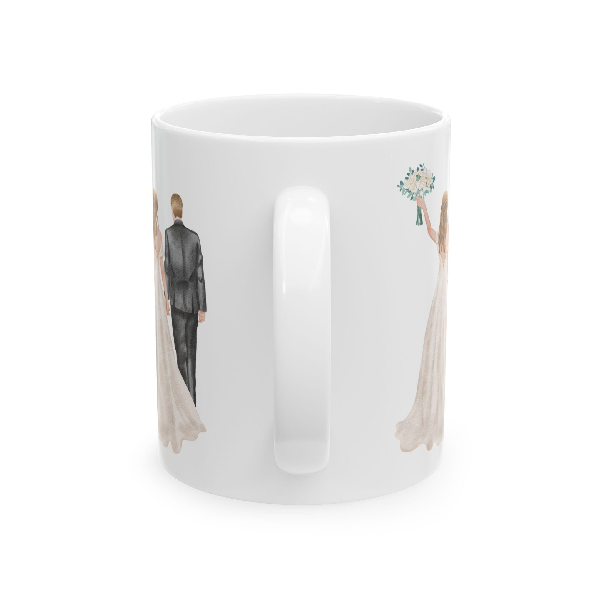 Wedding Rings & Couple Ceramic Mug — Bride and Groom Illustration (11oz/15oz)