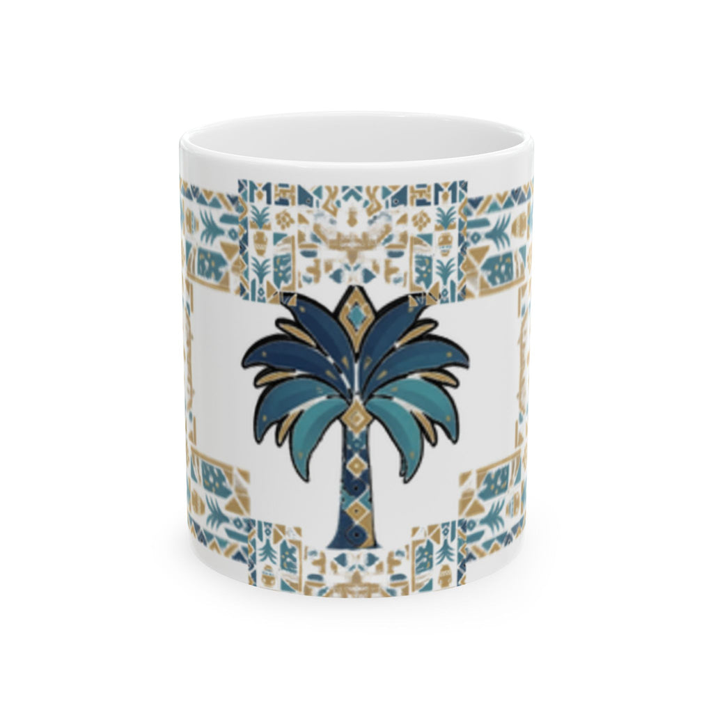 Blue Palm Tree Mosaic Ceramic Mug – Coastal Boho 11oz/15oz Coffee Cup