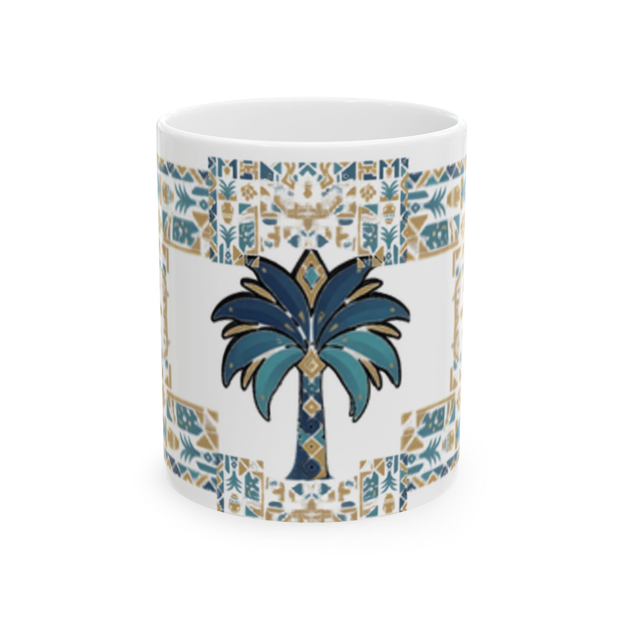 Blue Palm Tree Mosaic Ceramic Mug – Coastal Boho 11oz/15oz Coffee Cup