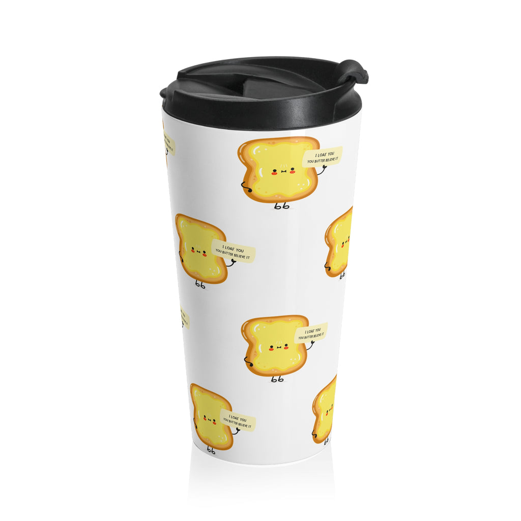 Cute Toast Stainless Steel Travel Mug — Kawaii Bread Pattern, "I Love You A Lottle" Coffee Tumbler