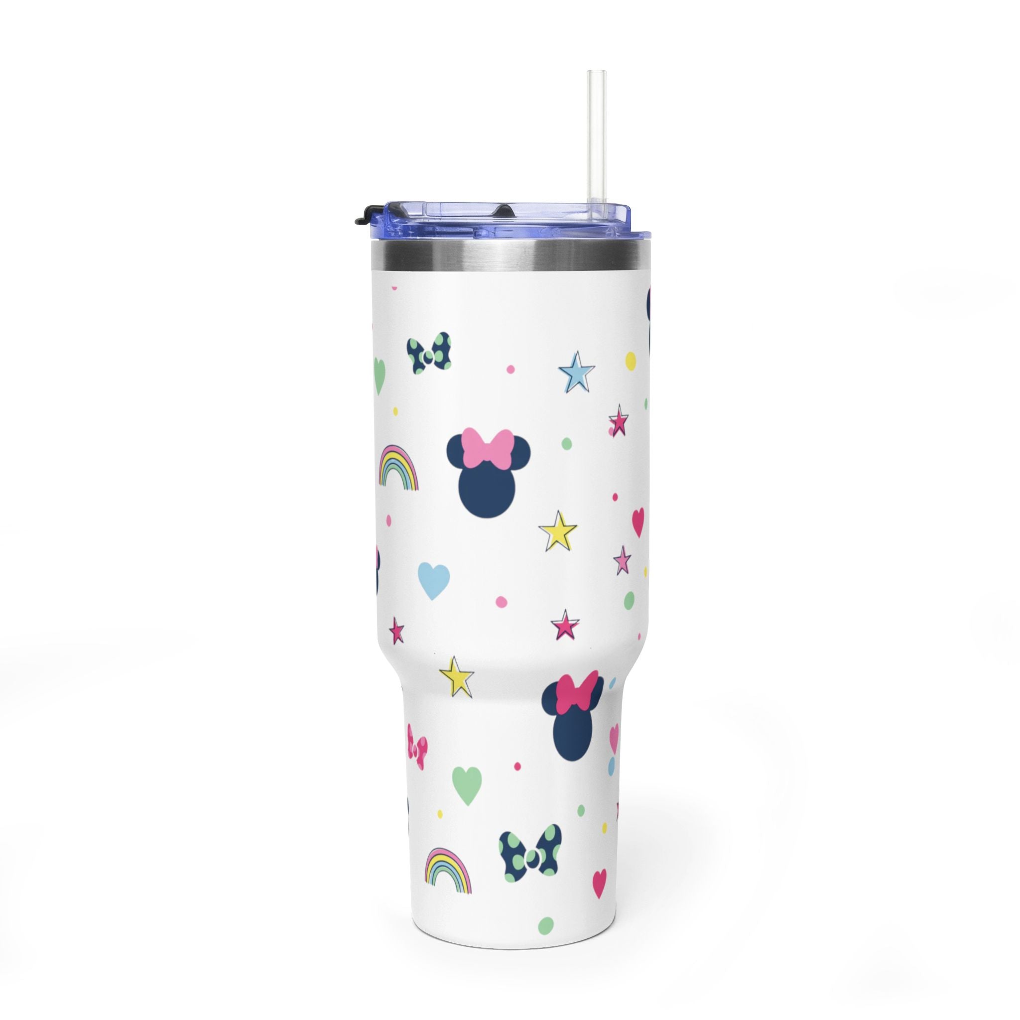 40oz Cute Minnie Pattern Vacuum Tumbler – Insulated Travel Mug with Straw & Handle