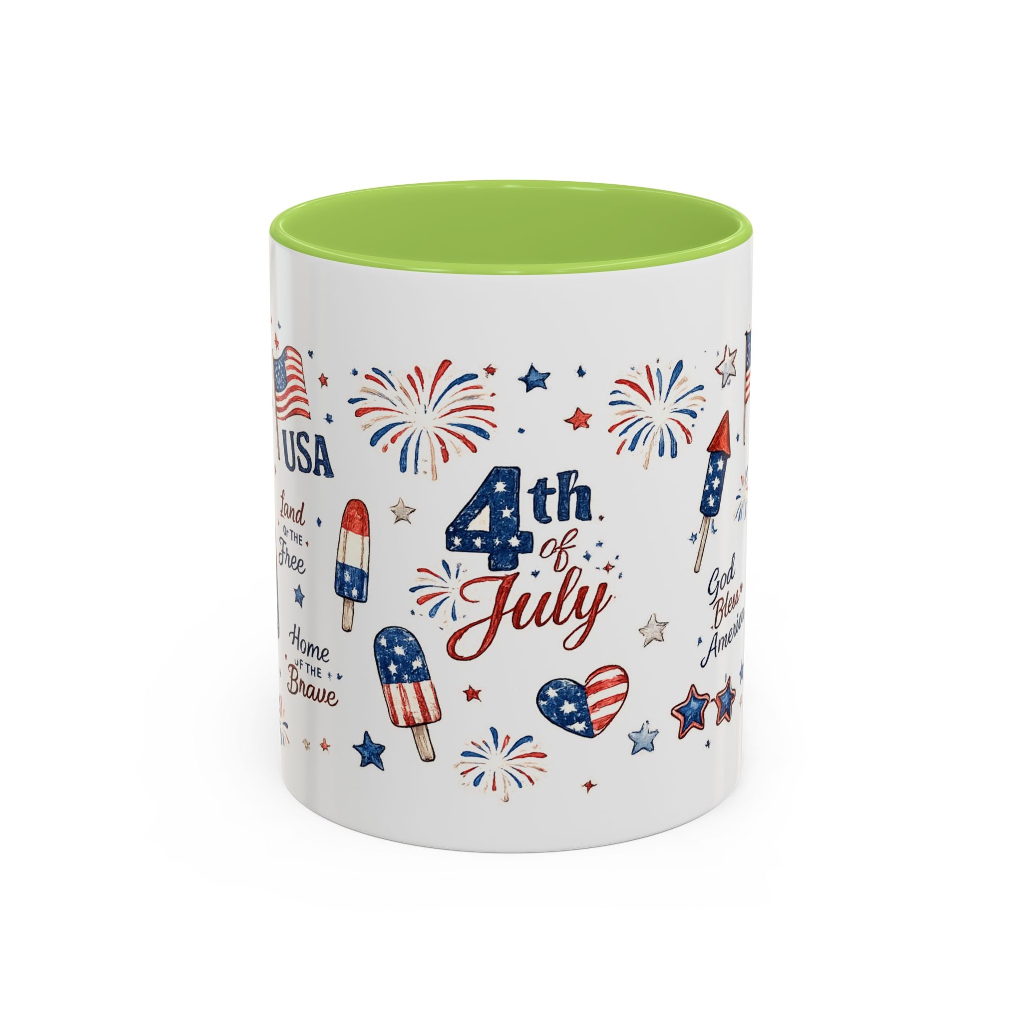 4th of July Accent Coffee Mug — Patriotic Fireworks & God Bless America Design (11oz)