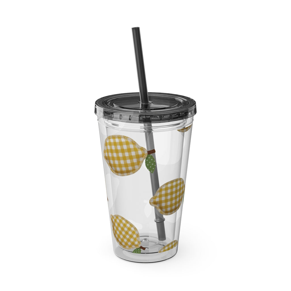 Gingham Pear Sunsplash Tumbler, 16oz Clear Travel Cup with Straw