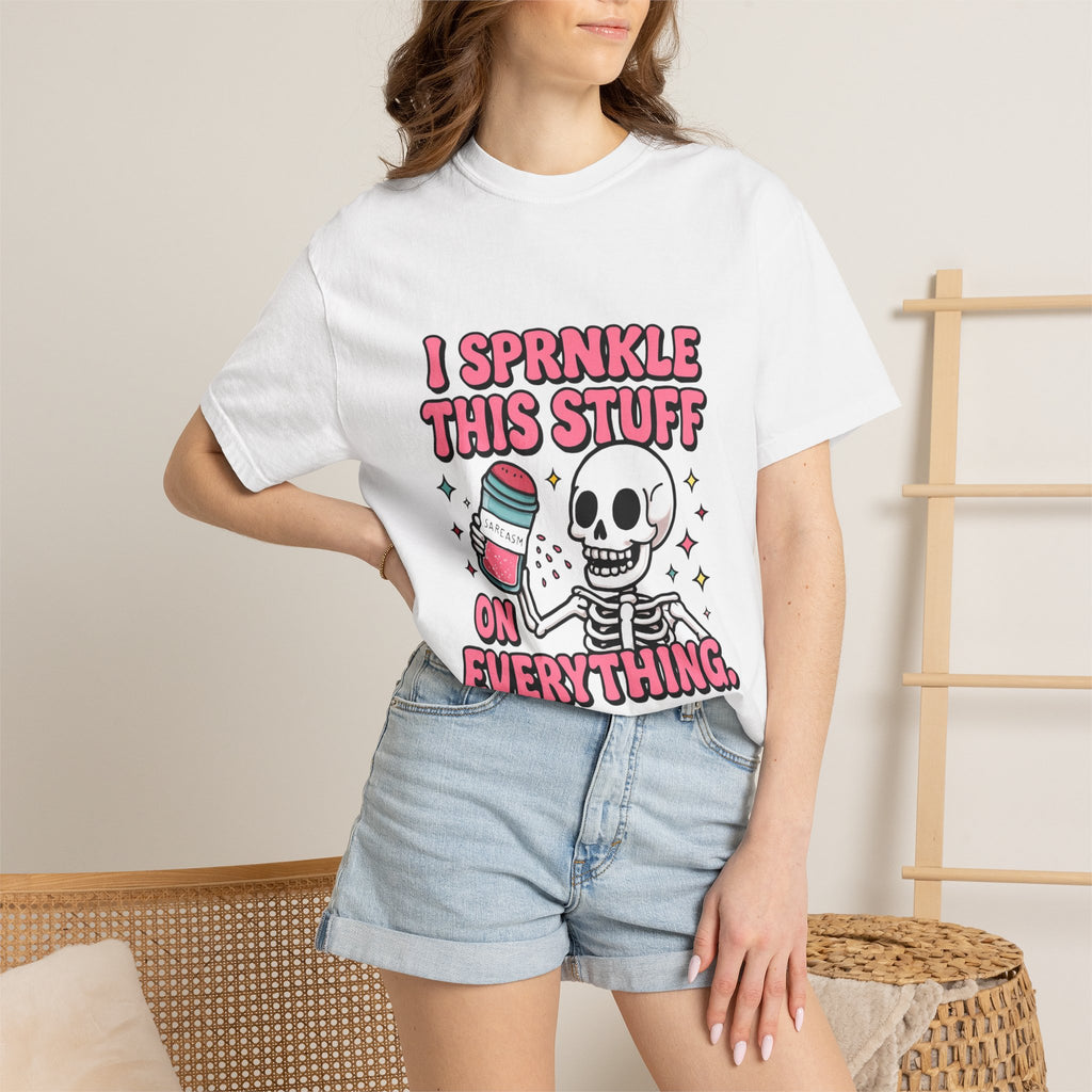 I Sprinkle This Stuff On Everything T-Shirt — Cute Skeleton Sprinkle Shaker Graphic Tee