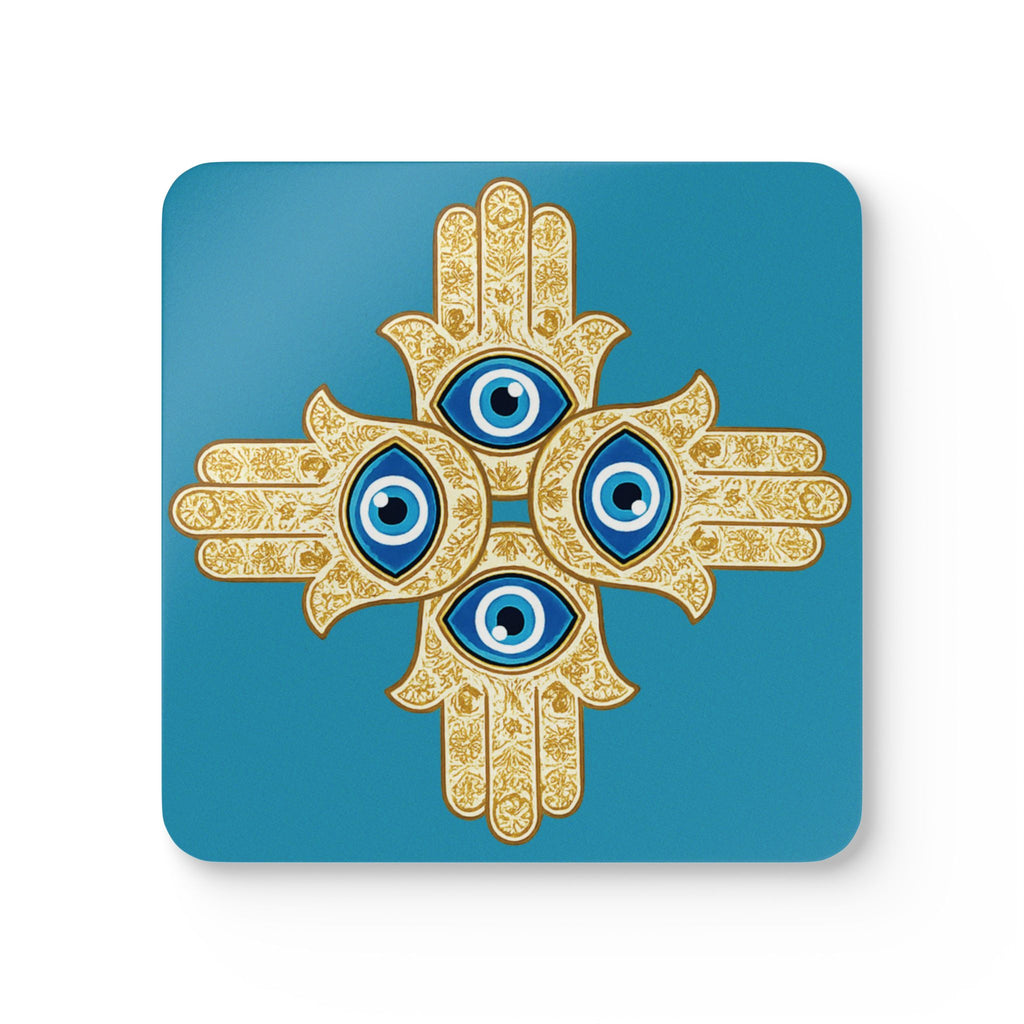 Evil Eye Mandala Cork Coaster Set – Protective Blue Hamsa Drink Coasters (4-Pack)