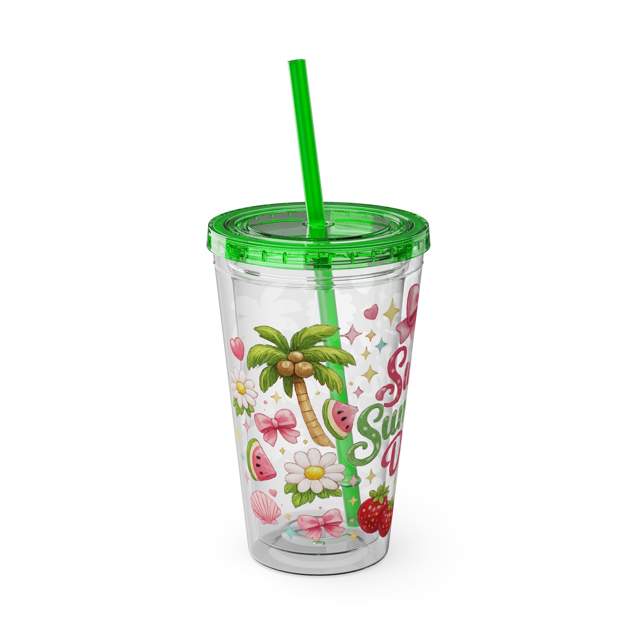 Sweet Summer Days Tumbler — 16oz Clear Straw Cup with Tropical Fruits & Bow Design