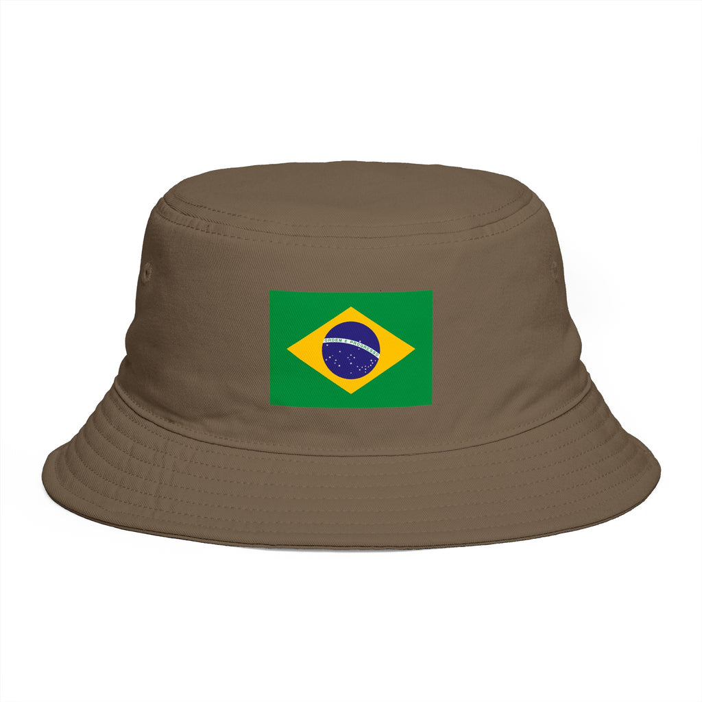 Brazil Flag Bucket Hat — Brown Cotton Sun Hat with Brazilian Flag Patch