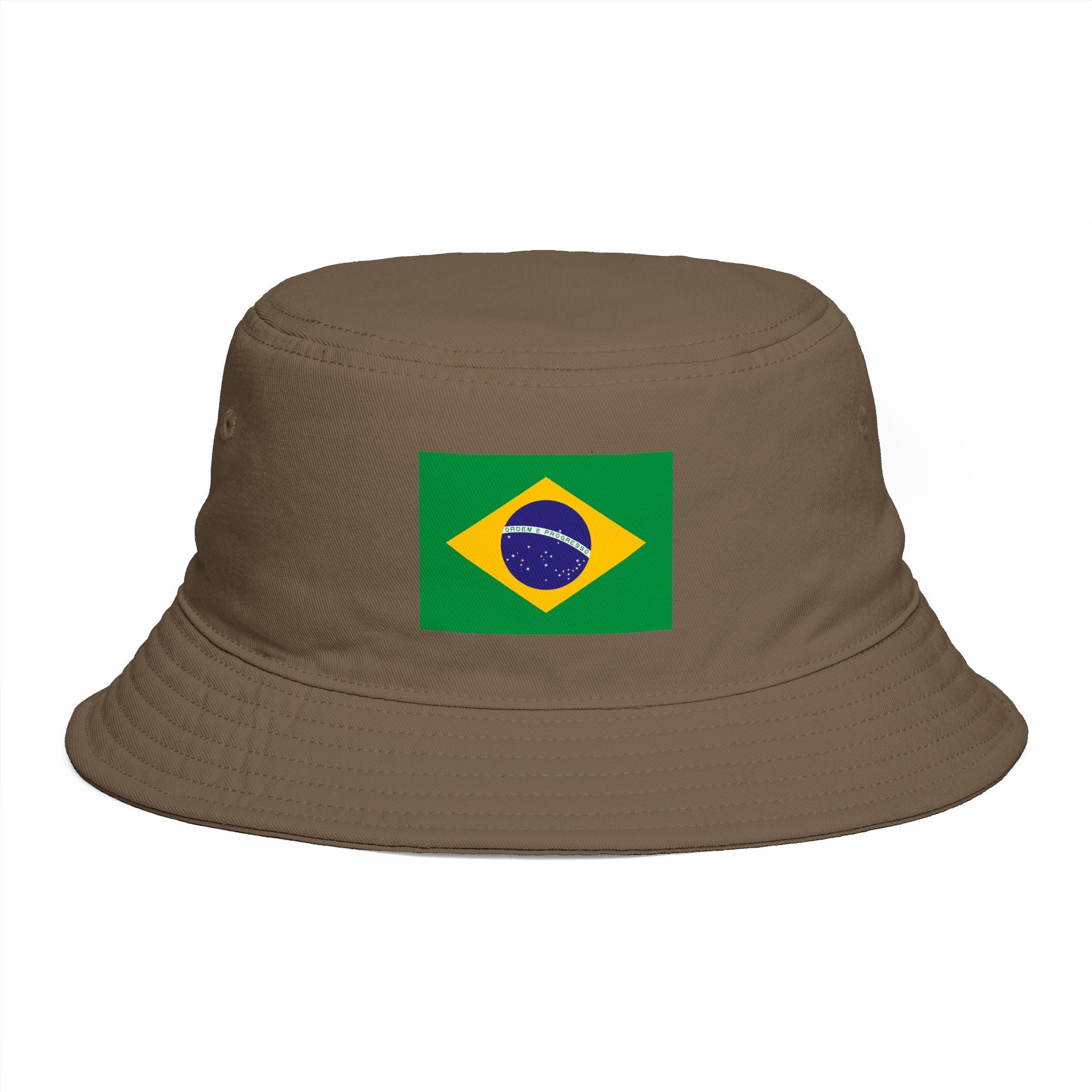 Brazil Flag Bucket Hat — Brown Cotton Sun Hat with Brazilian Flag Patch