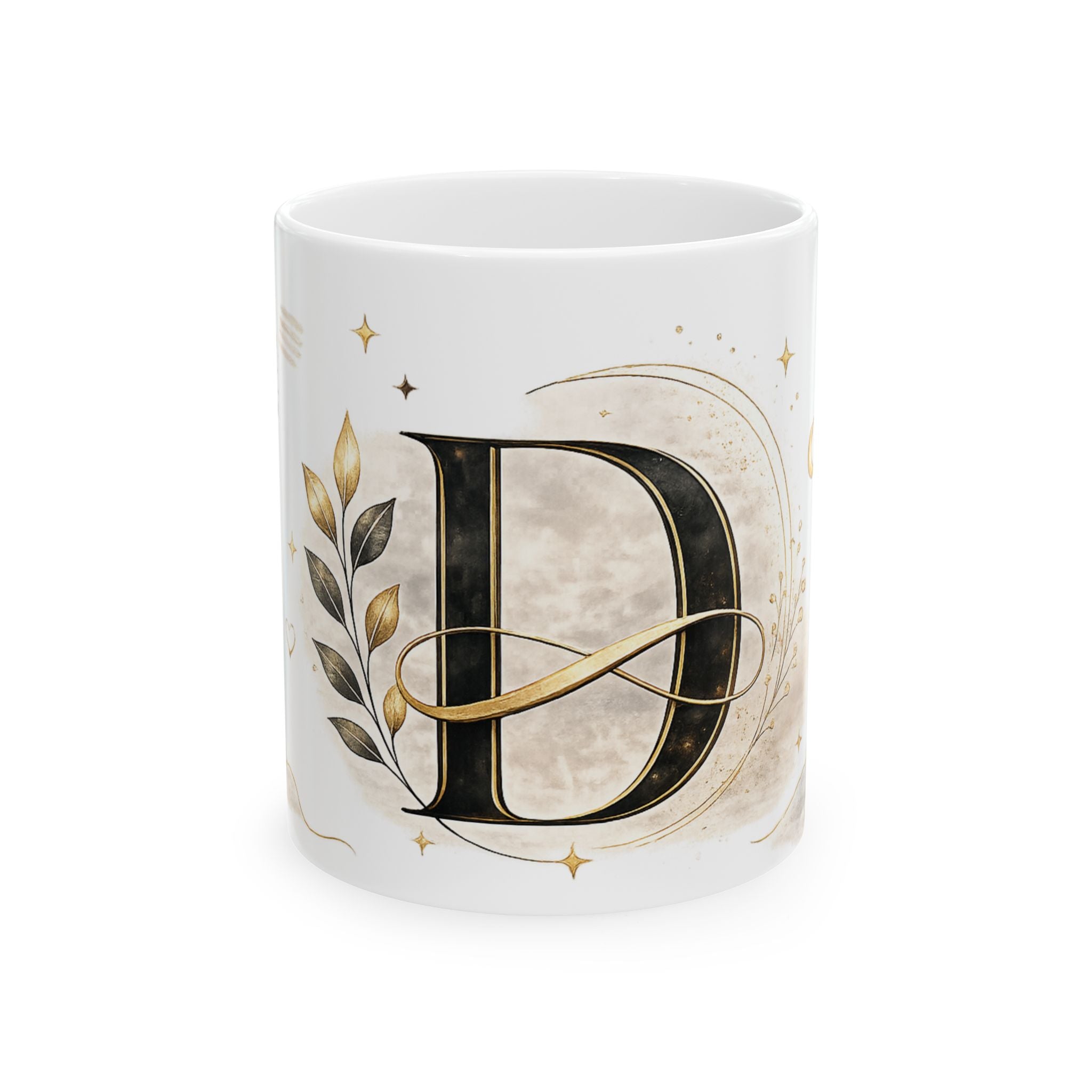 Monogram D Ceramic Mug – Elegant Gold Initial Coffee Cup