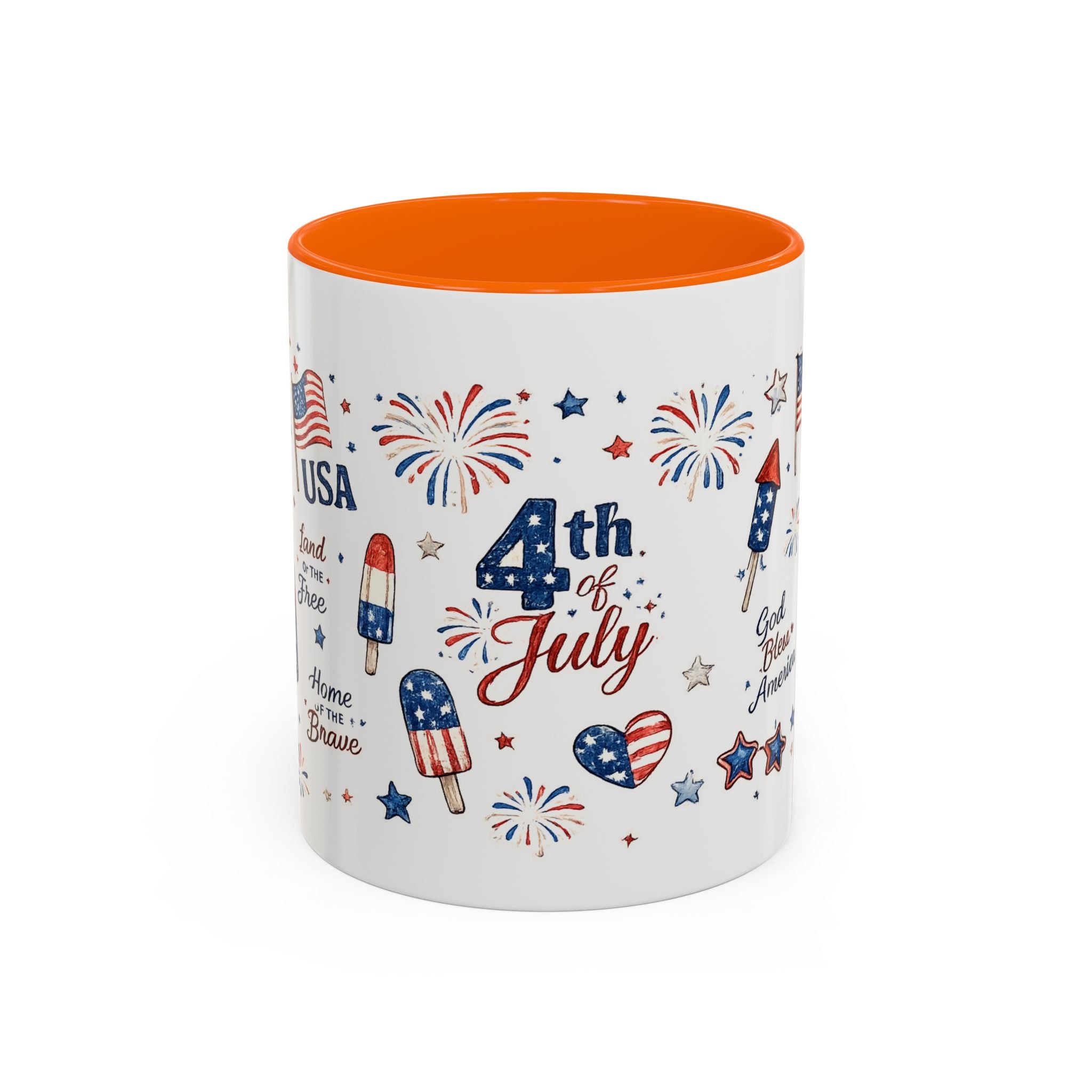 4th of July Accent Coffee Mug — Patriotic Fireworks & God Bless America Design (11oz)