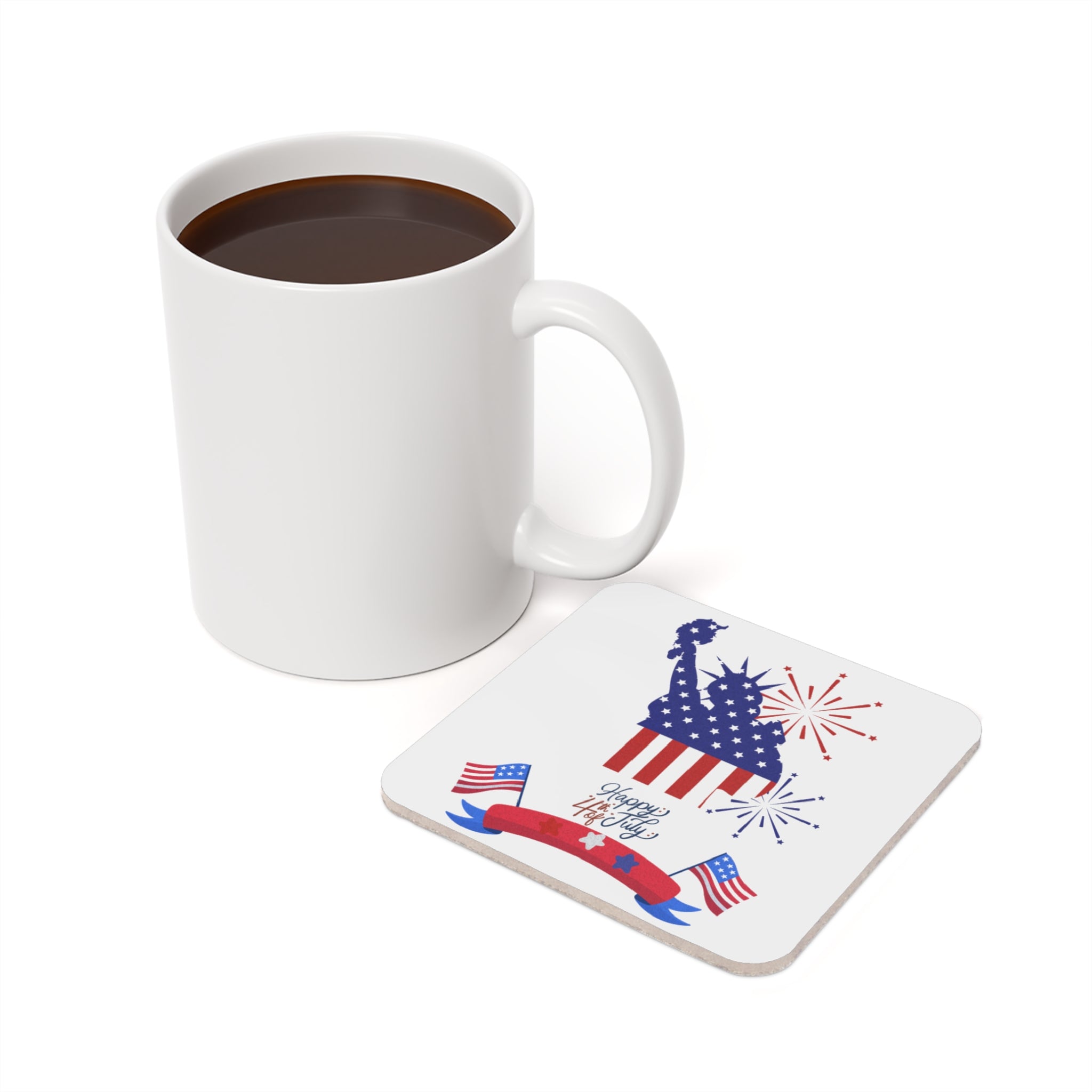 4th of July Cork Coaster — USA Flag Statue of Liberty Fireworks Design