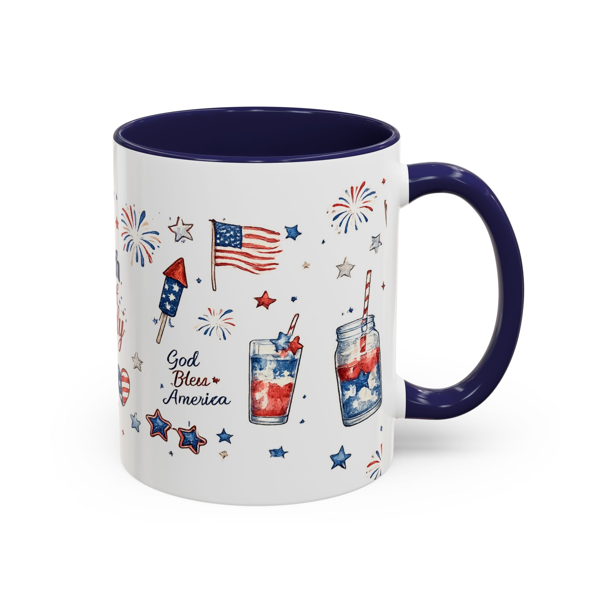 4th of July Accent Coffee Mug — Patriotic Fireworks & God Bless America Design (11oz)