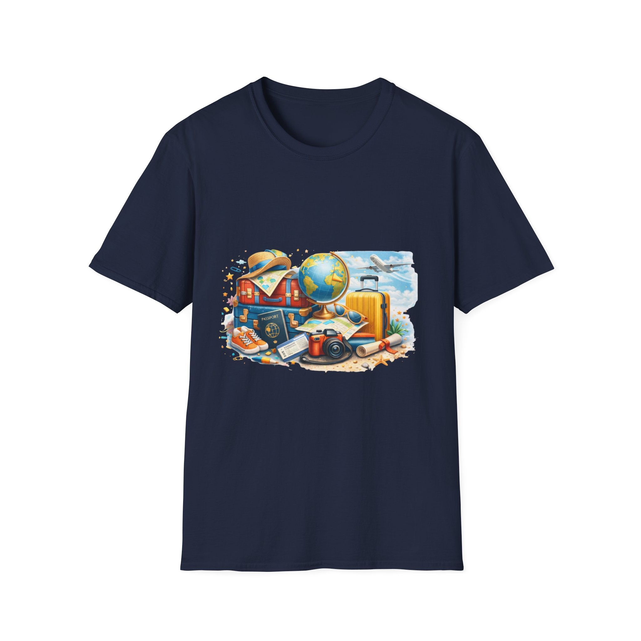 Travel Vibes T-Shirt — Retro Luggage, Globe & Camera Design