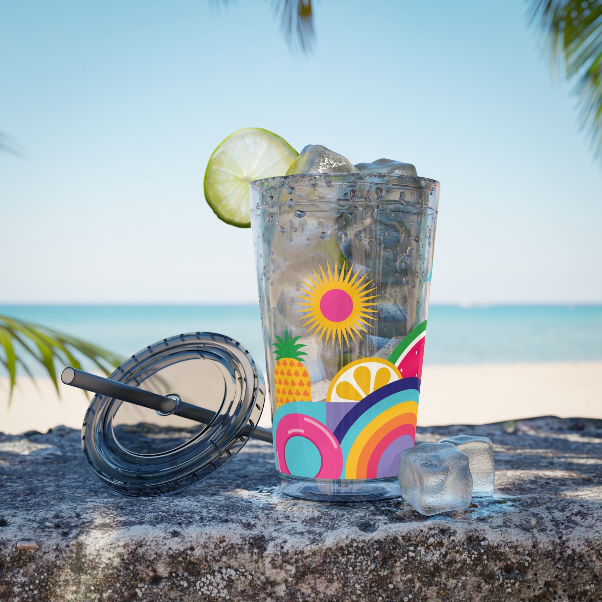16oz Sunsplash Tumbler with Straw — "Hello Summer" Colorful Beach Vibes