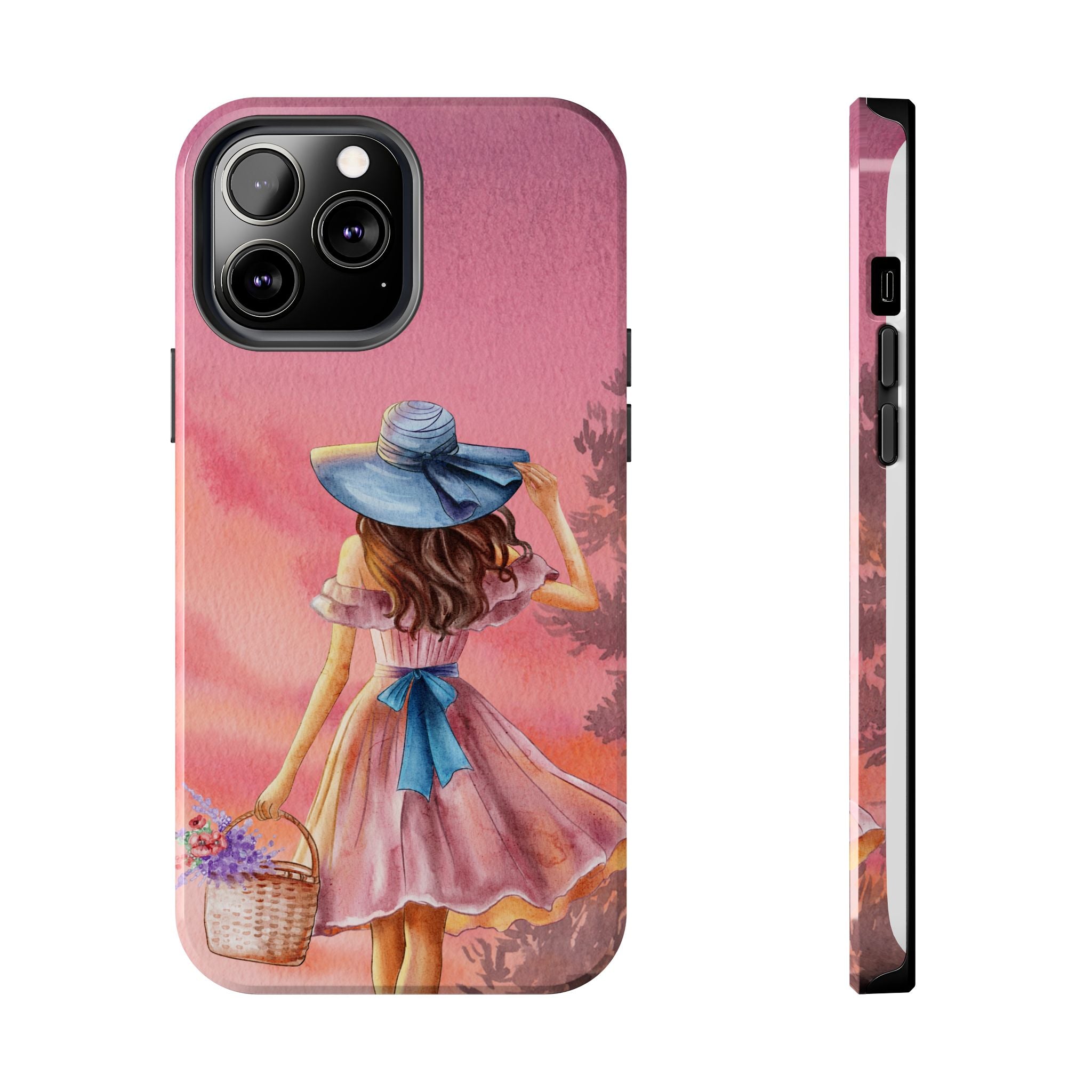 Pastel Picnic Girl Phone Case — Protective Tough Phone Case with Watercolor Sunset Design
