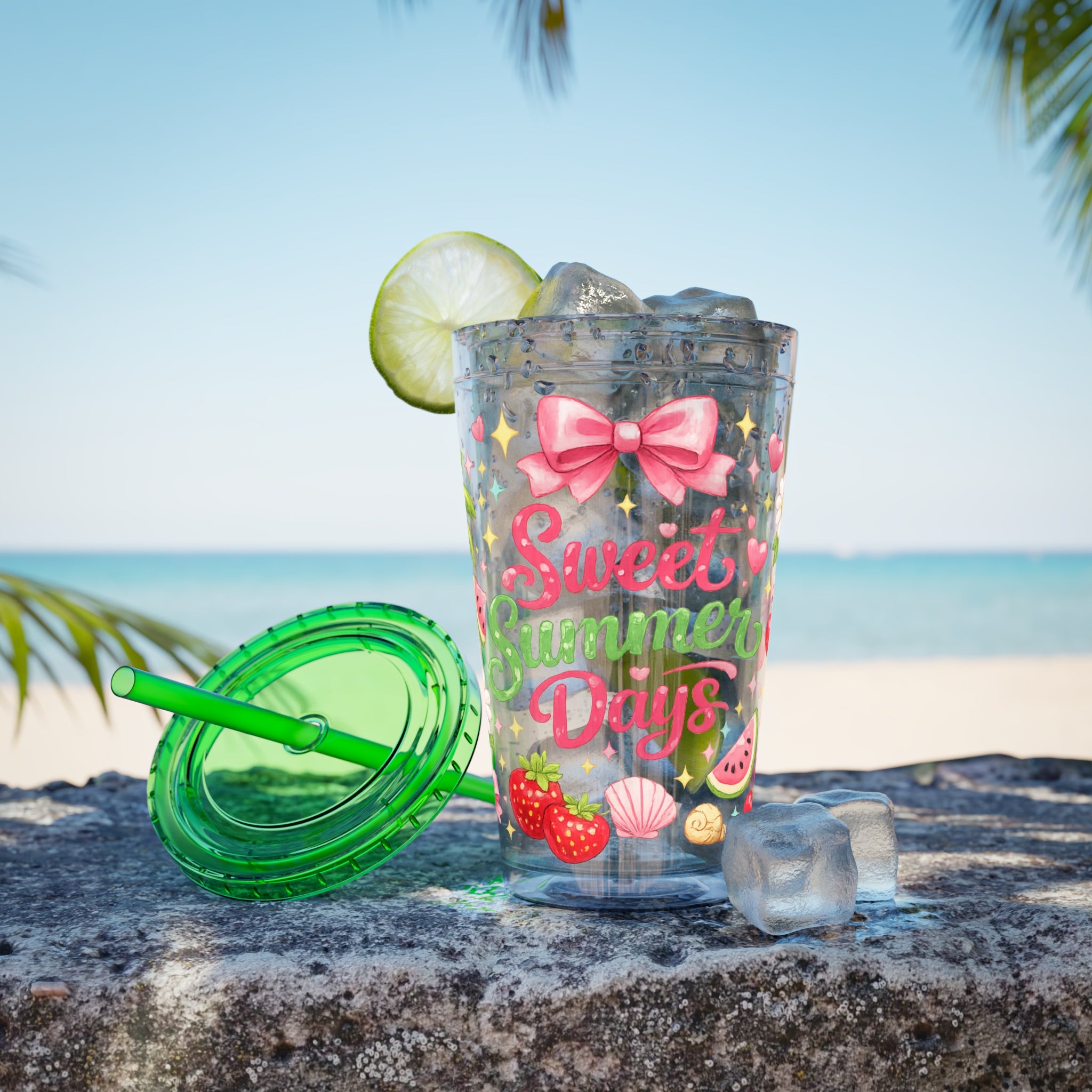 Sweet Summer Days Tumbler — 16oz Clear Straw Cup with Tropical Fruits & Bow Design