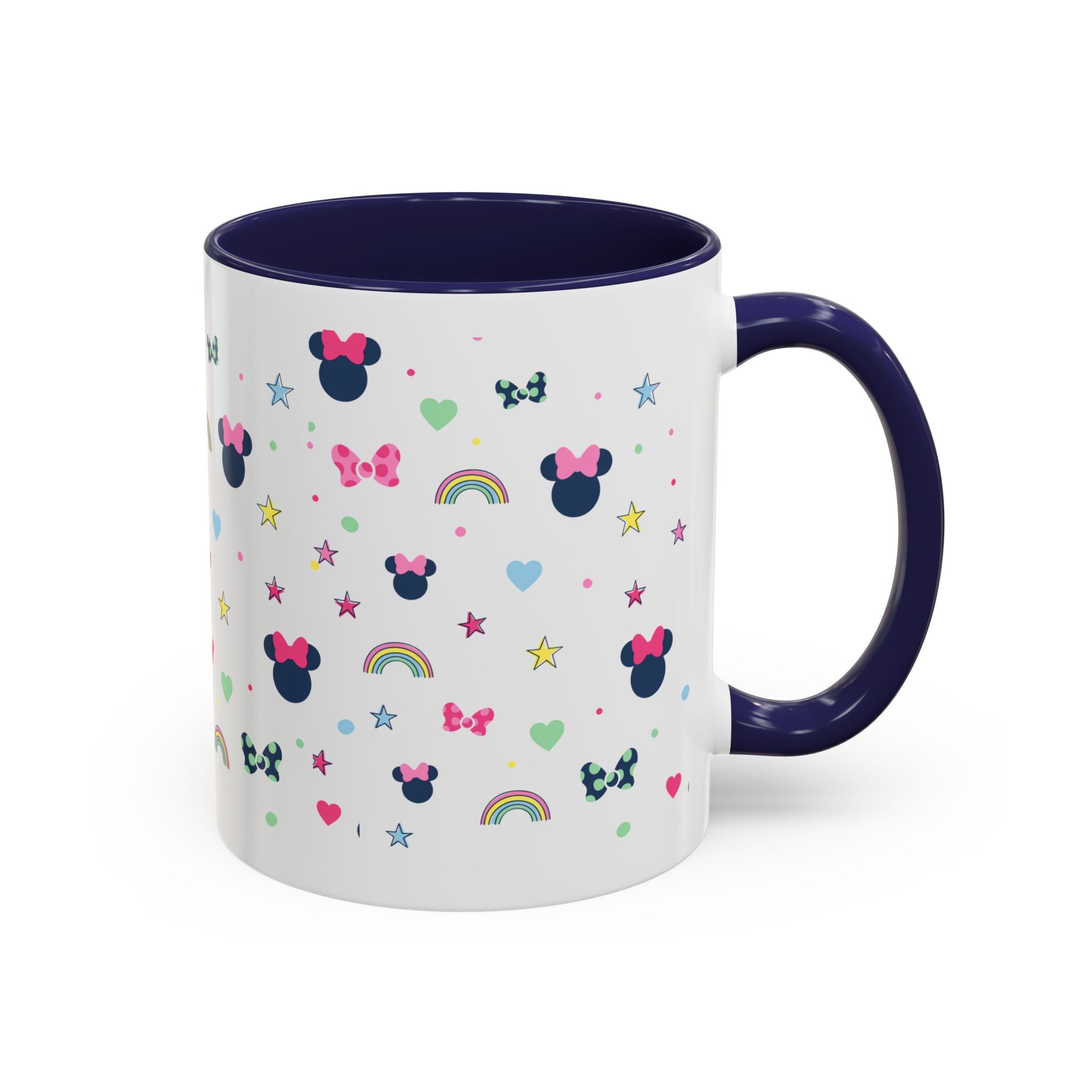Minnie Dots Accent Coffee Mug — Cute Rainbow & Bow Pattern (11oz)