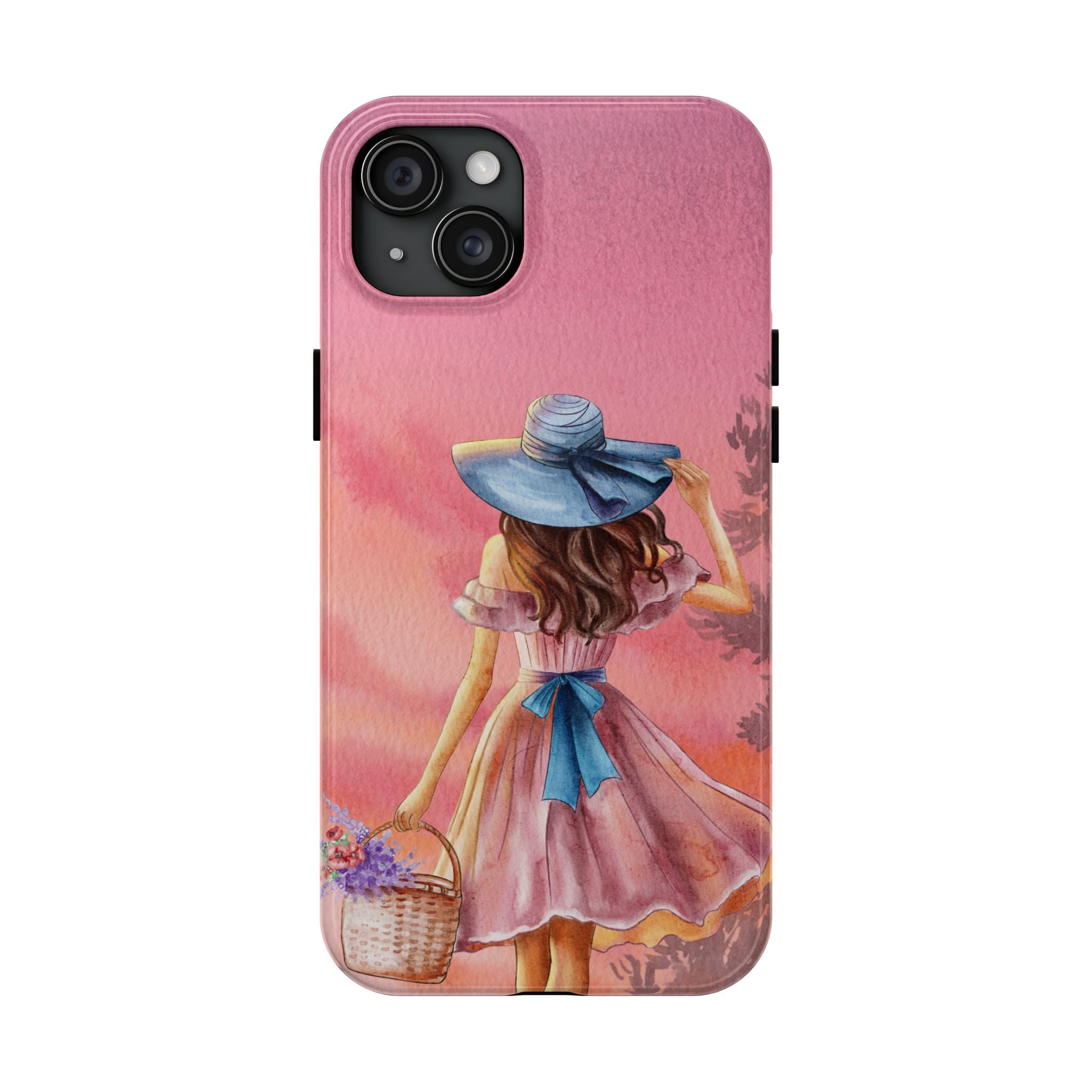Pastel Picnic Girl Phone Case — Protective Tough Phone Case with Watercolor Sunset Design