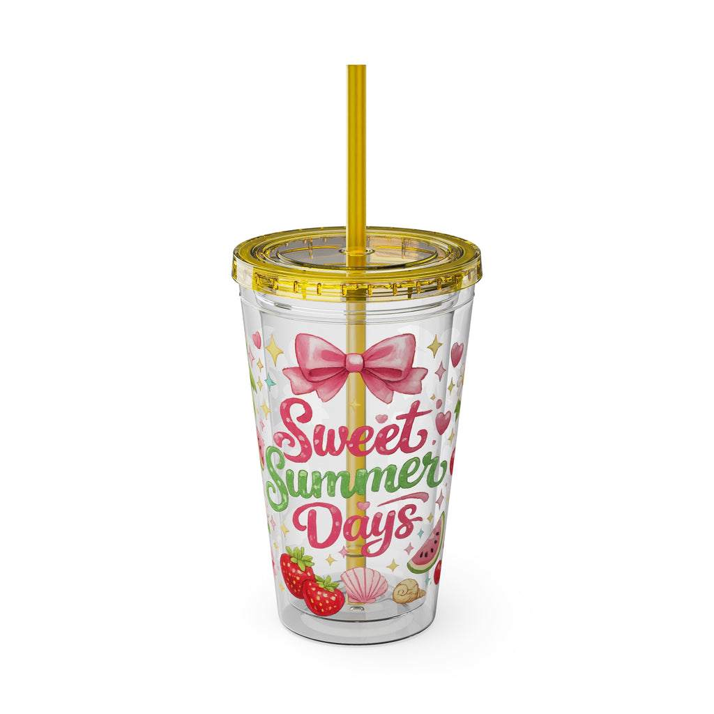 Sweet Summer Days Tumbler — 16oz Clear Straw Cup with Tropical Fruits & Bow Design