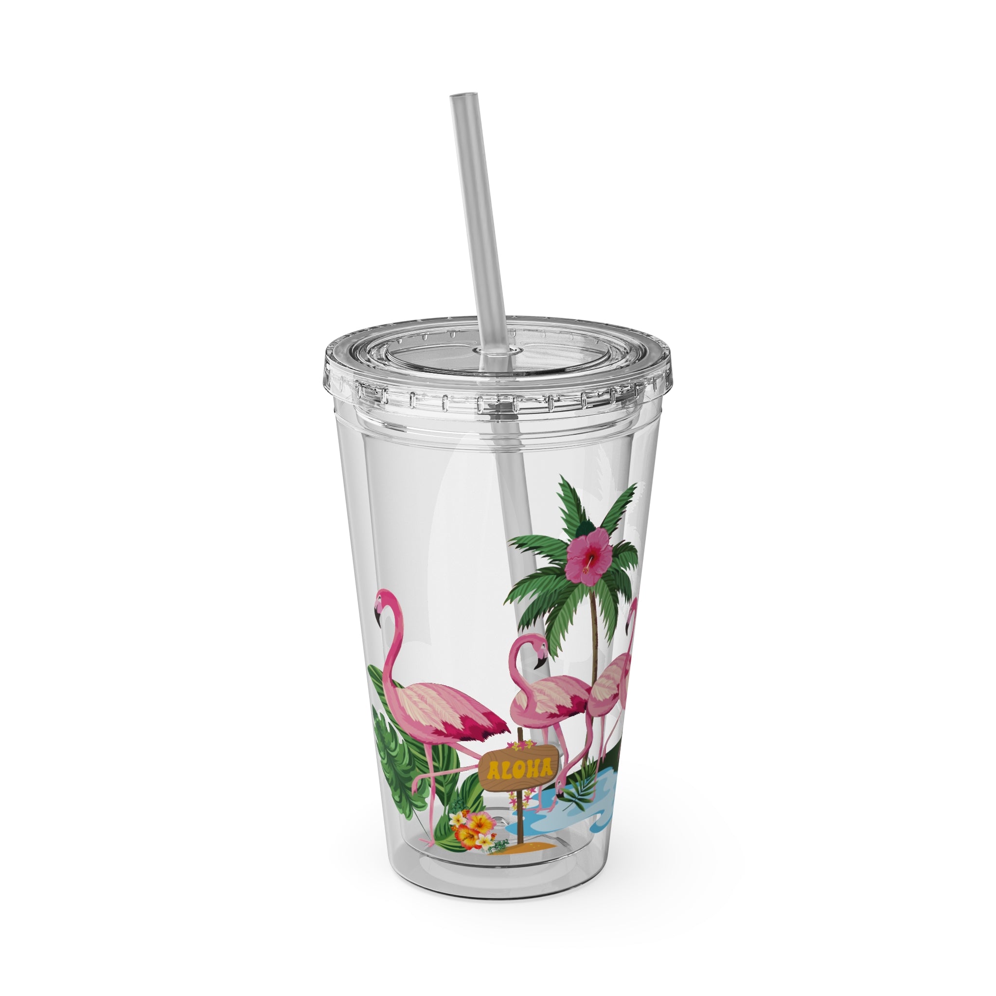 Flamingo Palm Tumbler — 16oz Sunsplash Straw Cup