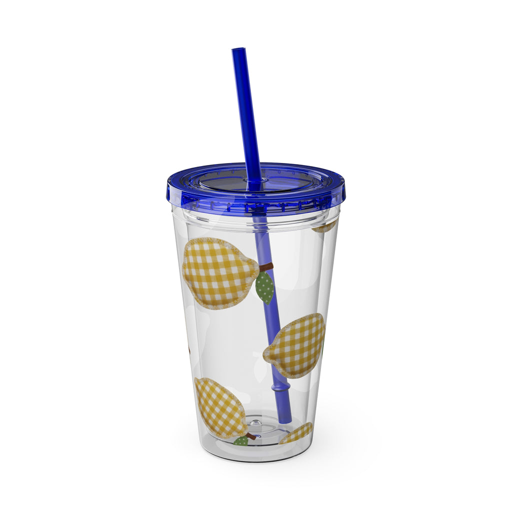 Gingham Pear Sunsplash Tumbler, 16oz Clear Travel Cup with Straw