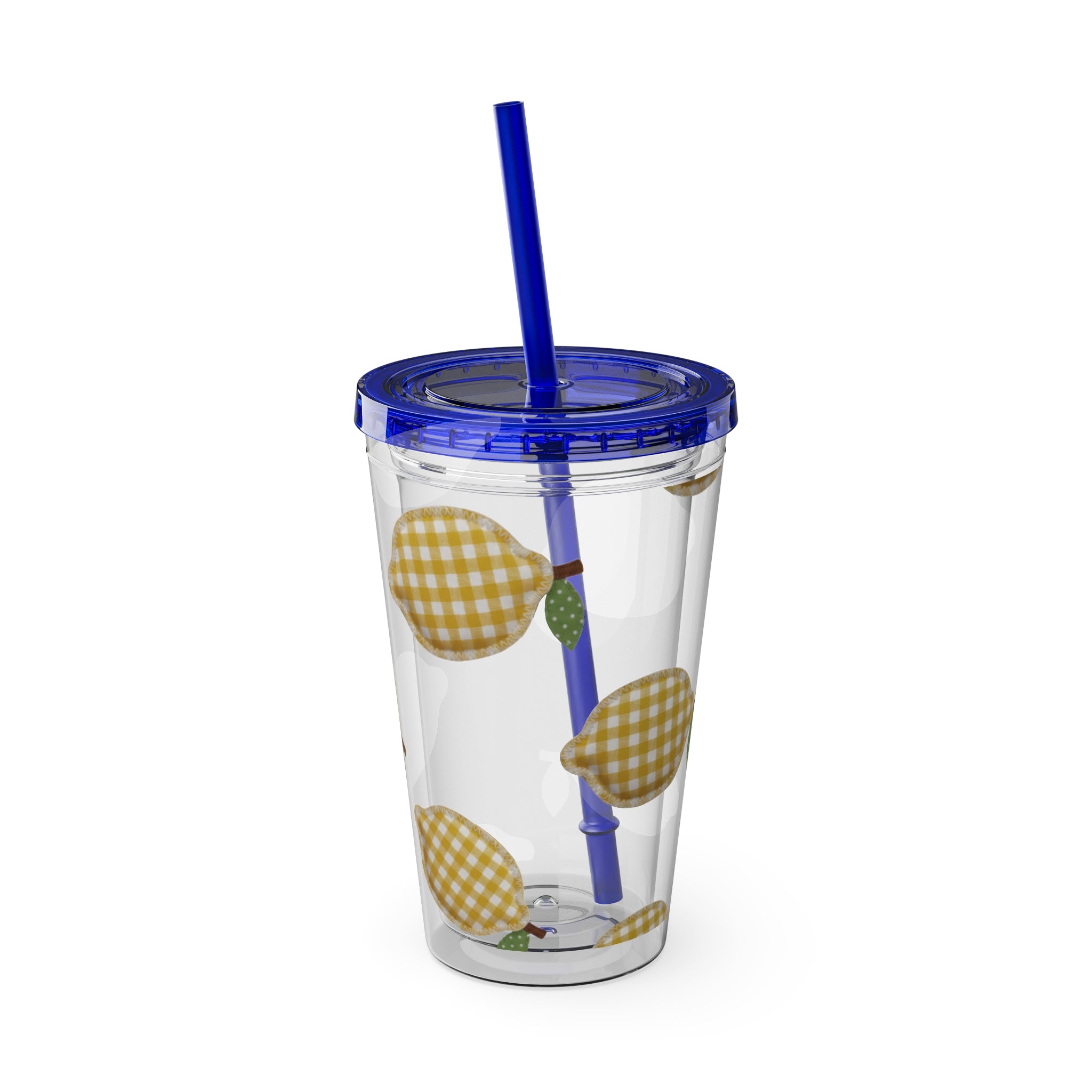 Gingham Pear Sunsplash Tumbler, 16oz Clear Travel Cup with Straw
