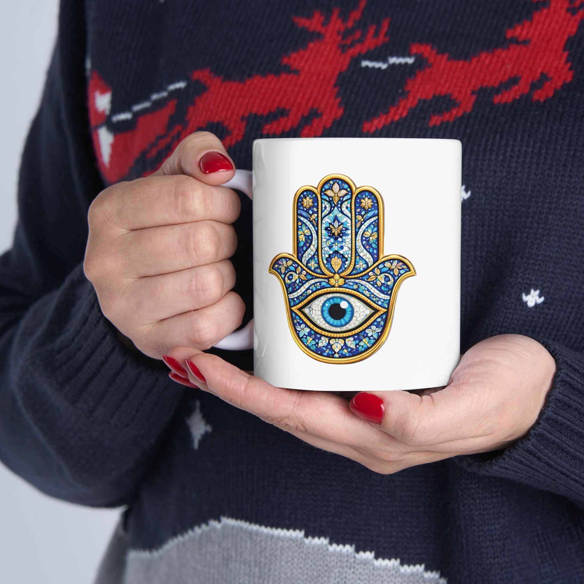 Hamsa Art Ceramic Mug — Blue Gold Protective Hand Design (11oz, 15oz)