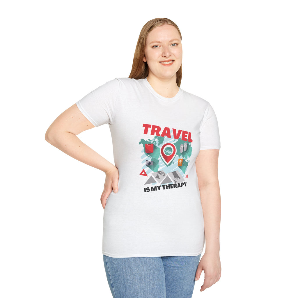Travel Is My Therapy T-Shirt — Wanderlust Map Tee for Travelers & Adventure Lovers