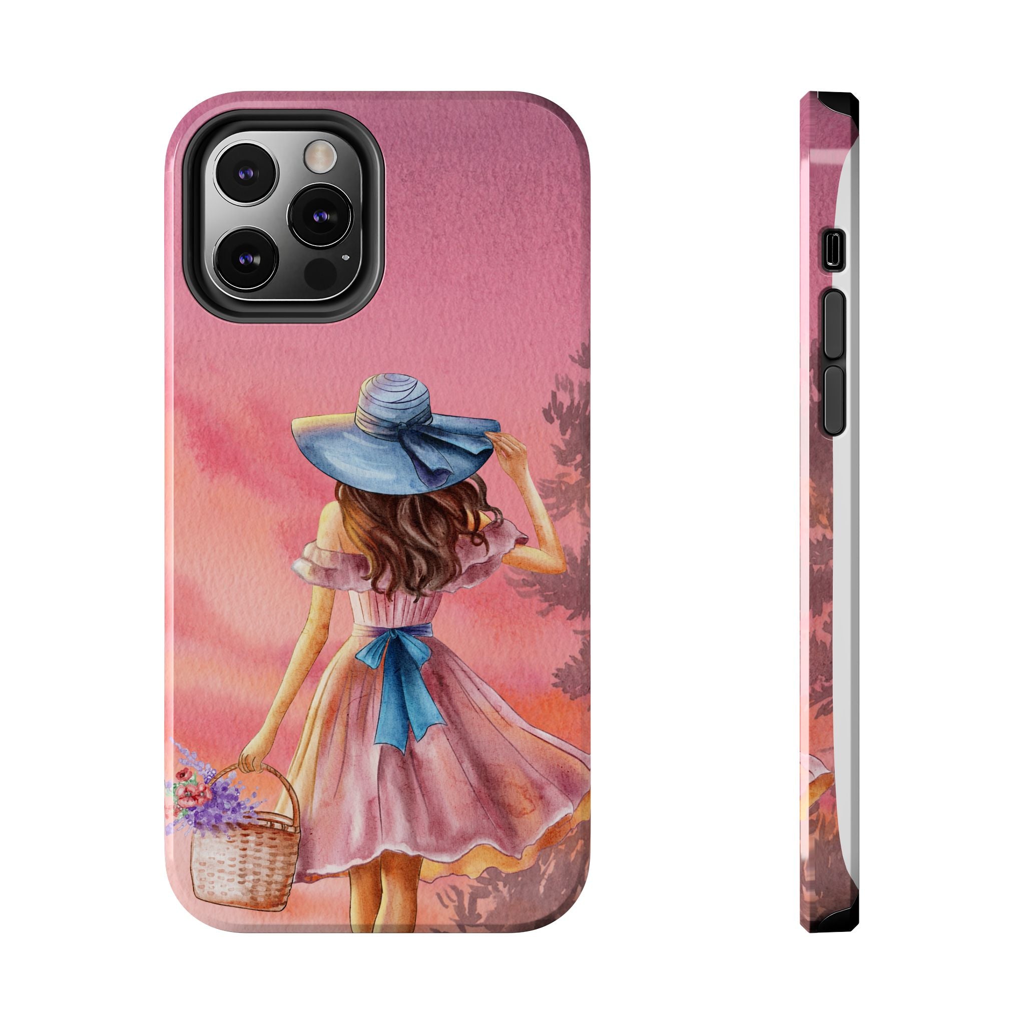 Pastel Picnic Girl Phone Case — Protective Tough Phone Case with Watercolor Sunset Design