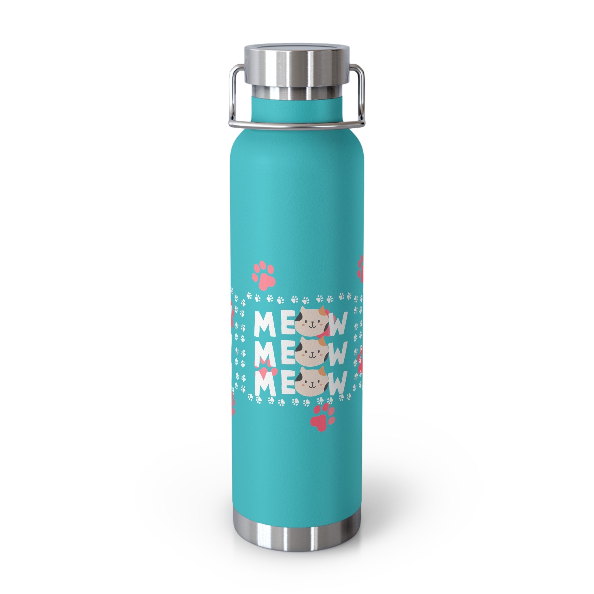 22oz Insulated Bottle — Red 'MEOW' Cute Cat Paw Print Design