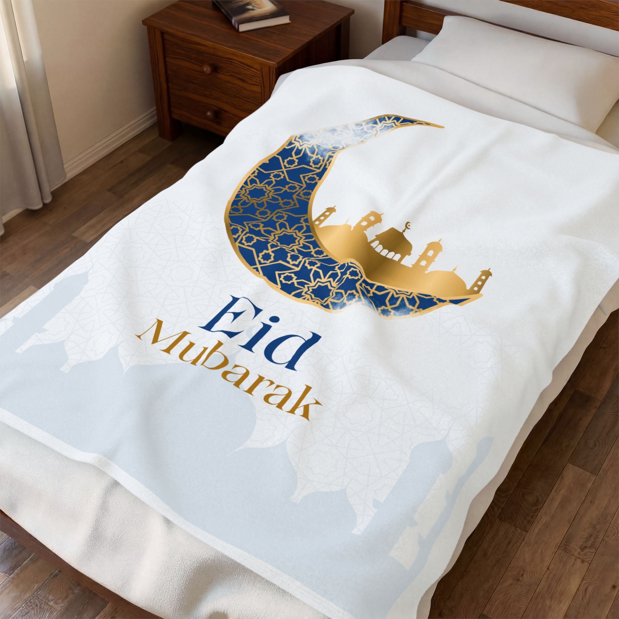 Eid Mubarak Velveteen Plush Blanket – Crescent Moon & Mosque Design