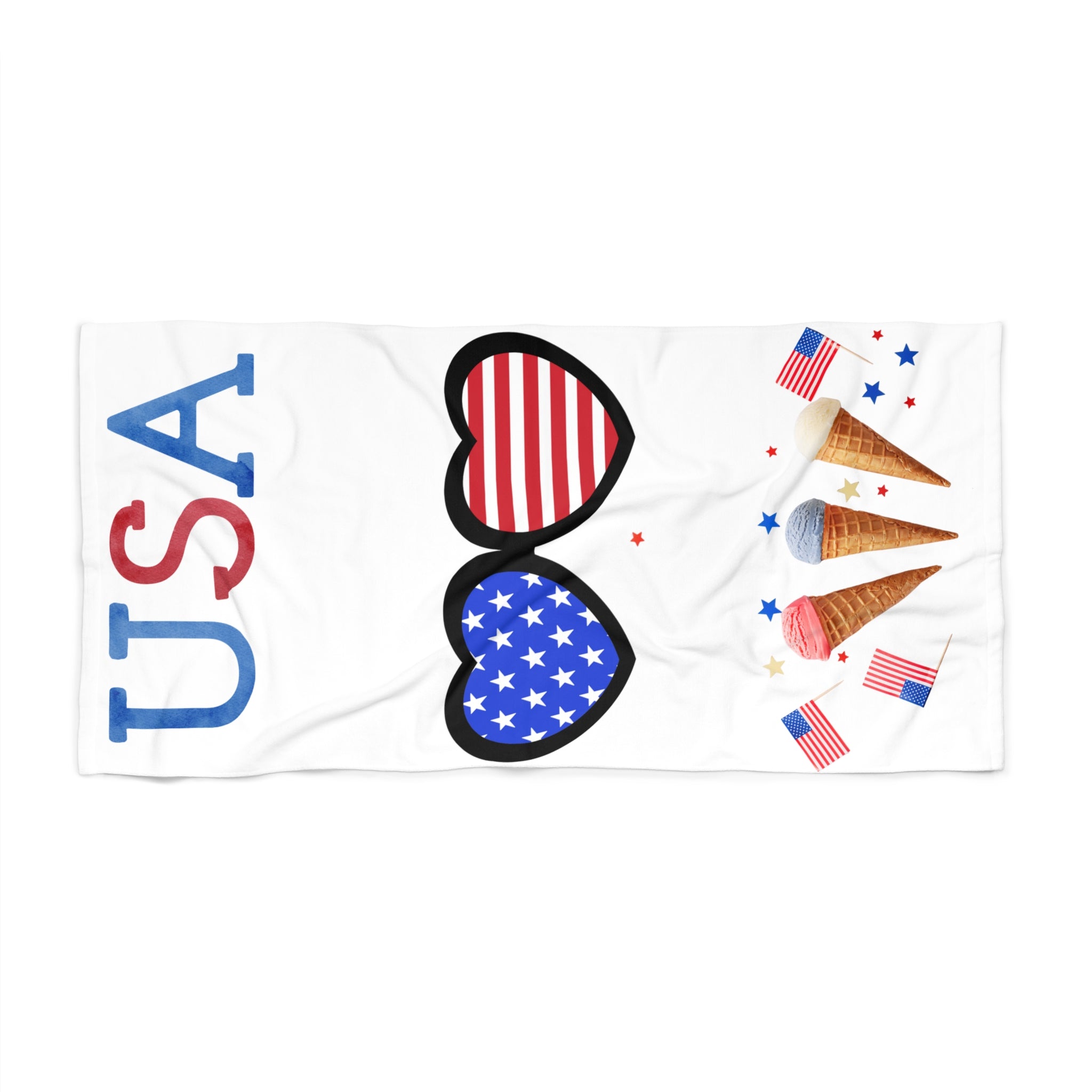 USA Hearts Patriotic Beach Towel — American Flag Sunglasses & Ice Cream 4th of July Towel