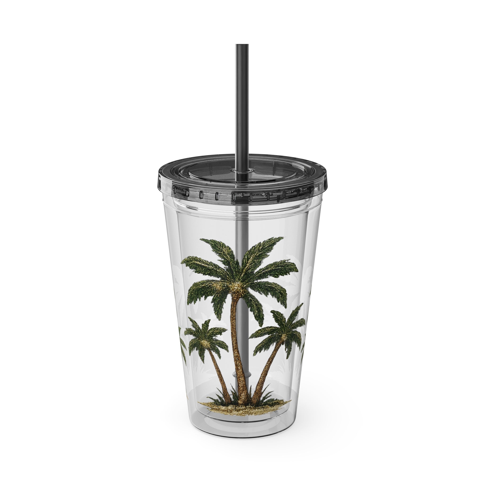 Palm Tree Tumbler — 16oz Clear Travel Cup with Straw, Tropical Sunsplash Design