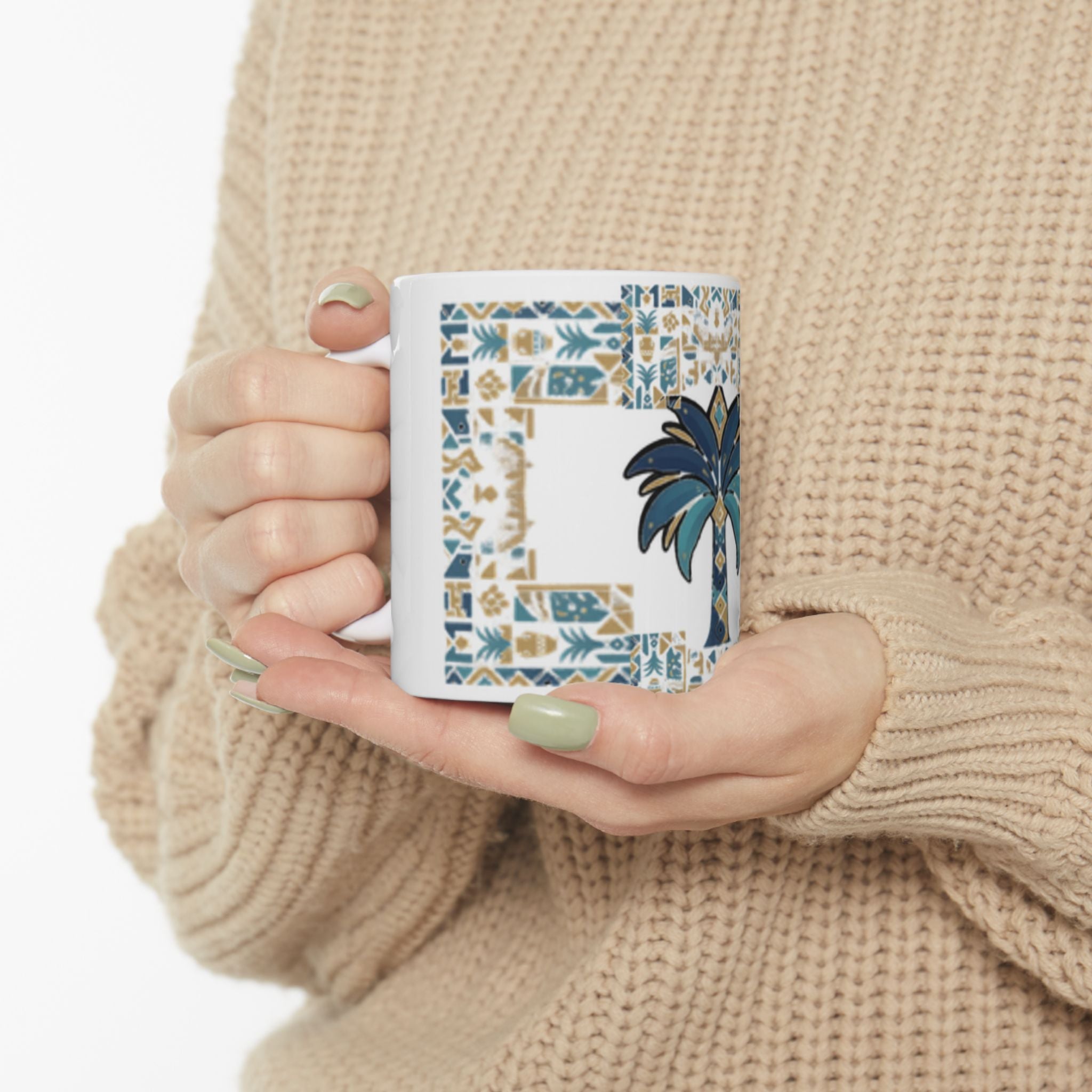 Blue Palm Tree Mosaic Ceramic Mug – Coastal Boho 11oz/15oz Coffee Cup