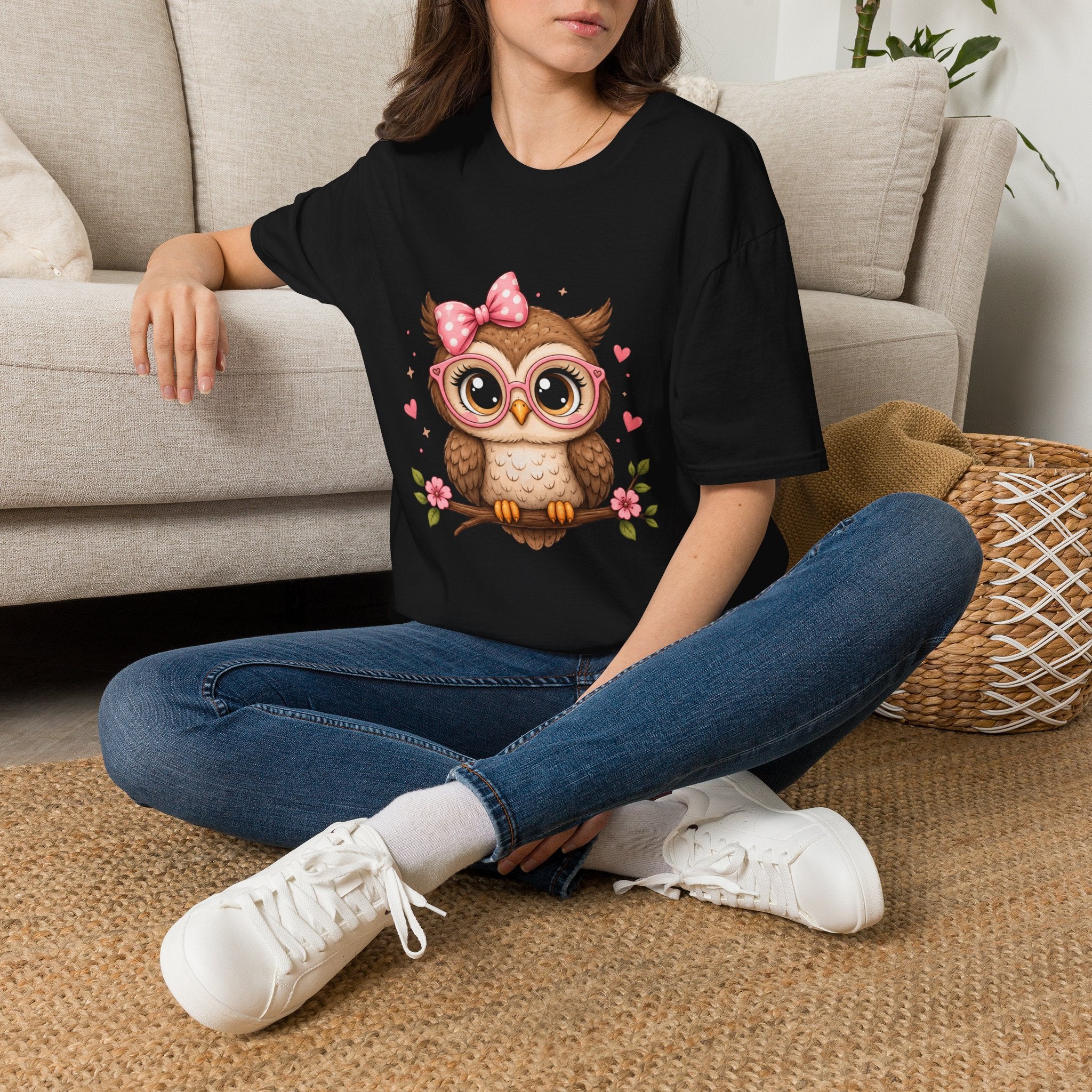 Cute Owl Tee — Whimsical Pink Bow Owl Graphic T-Shirt