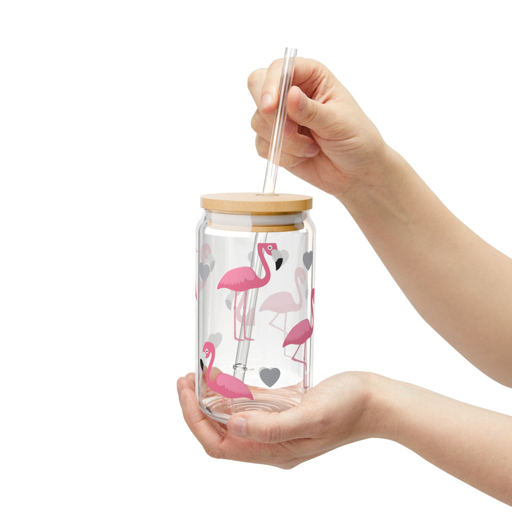 Flamingo Hearts Sipper Glass — 16oz Reusable Straw Tumbler